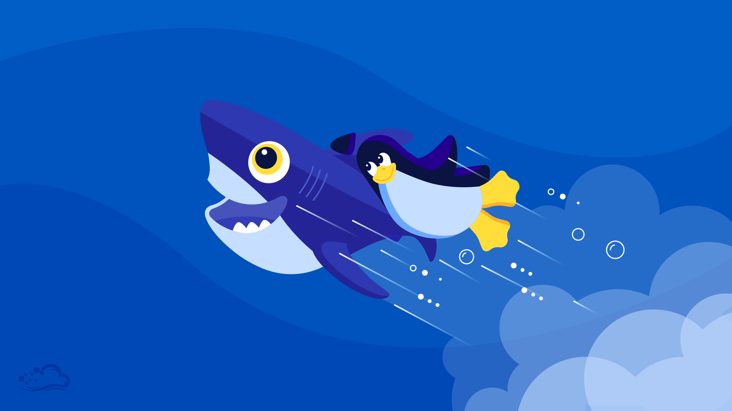 Wallpaper, illustration, shark, cartoon, Penguin, 2560x1440 px 2560x1440