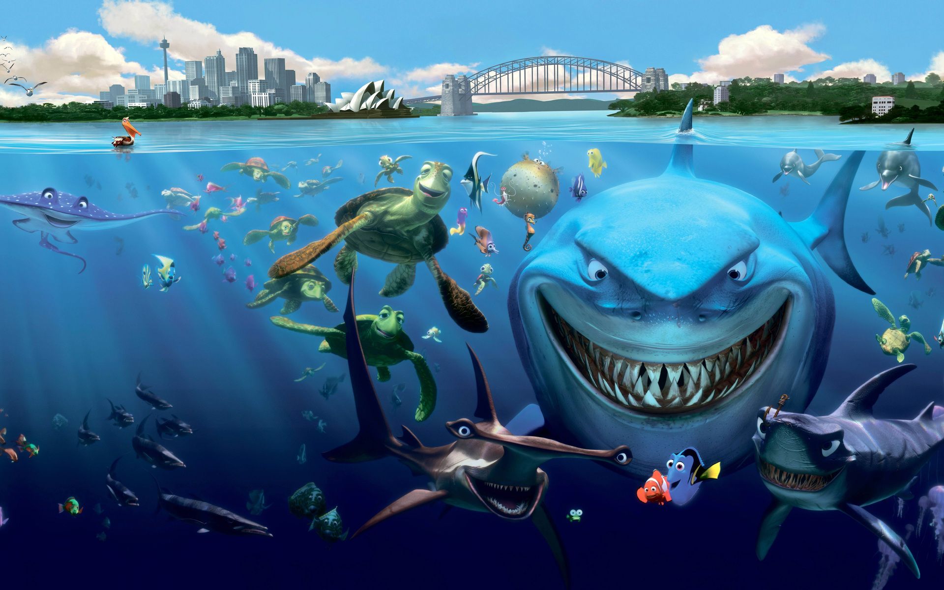 the inhabitants, sharks, fish, finding nemo, cartoon, underwater desktop wallpaper 25155