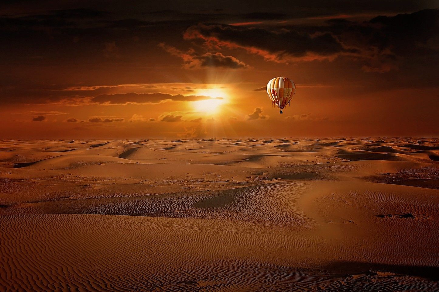 Hot Air Balloon And The Sun By Pezibear. Desert Sunrise, Sunrise Wallpaper, Landscape Photography
