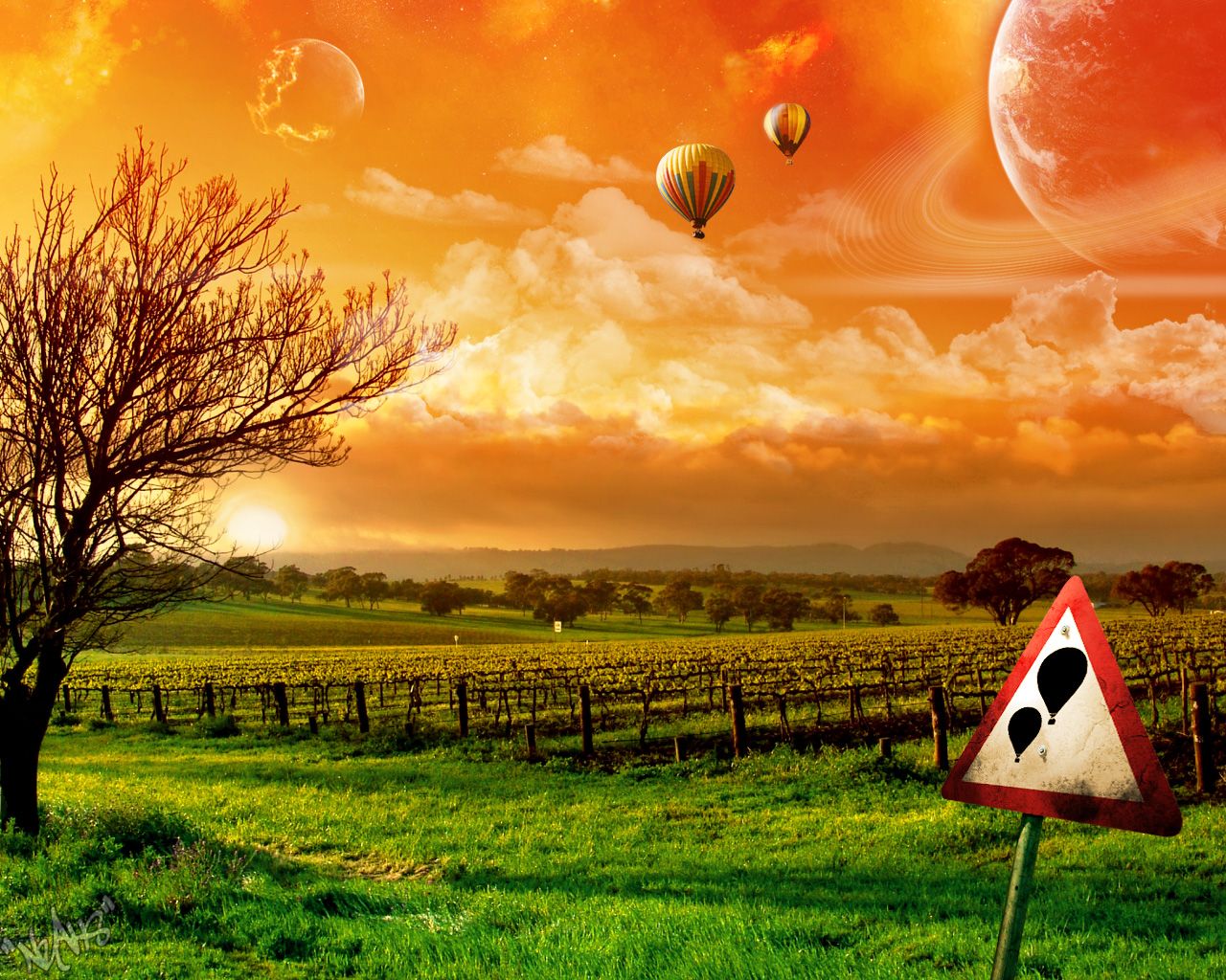 Cloud Hot Air Balloon Landscape Planet Sun Wallpaper:1280x1024