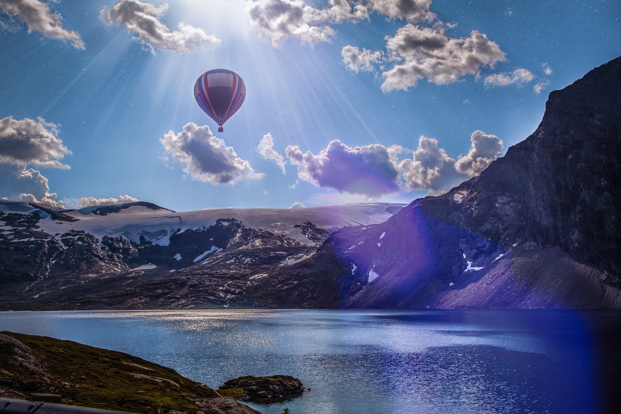 Sun, Nature, River, Mountain, Clouds, Snow, Hot Air Balloons Wallpaper HD / Desktop and Mobile Background