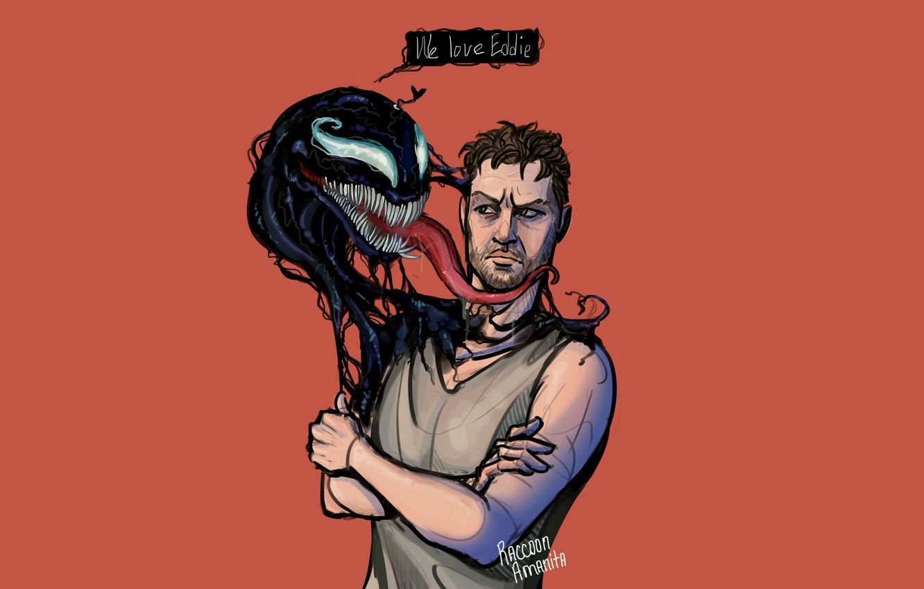 Wallpaper love, background, minimalism, teeth, art, male, orange background, Venom, Venom, symbiosis (mutualism), symbiote, cheloeka, Eddie Brock image for desktop, section фильмы