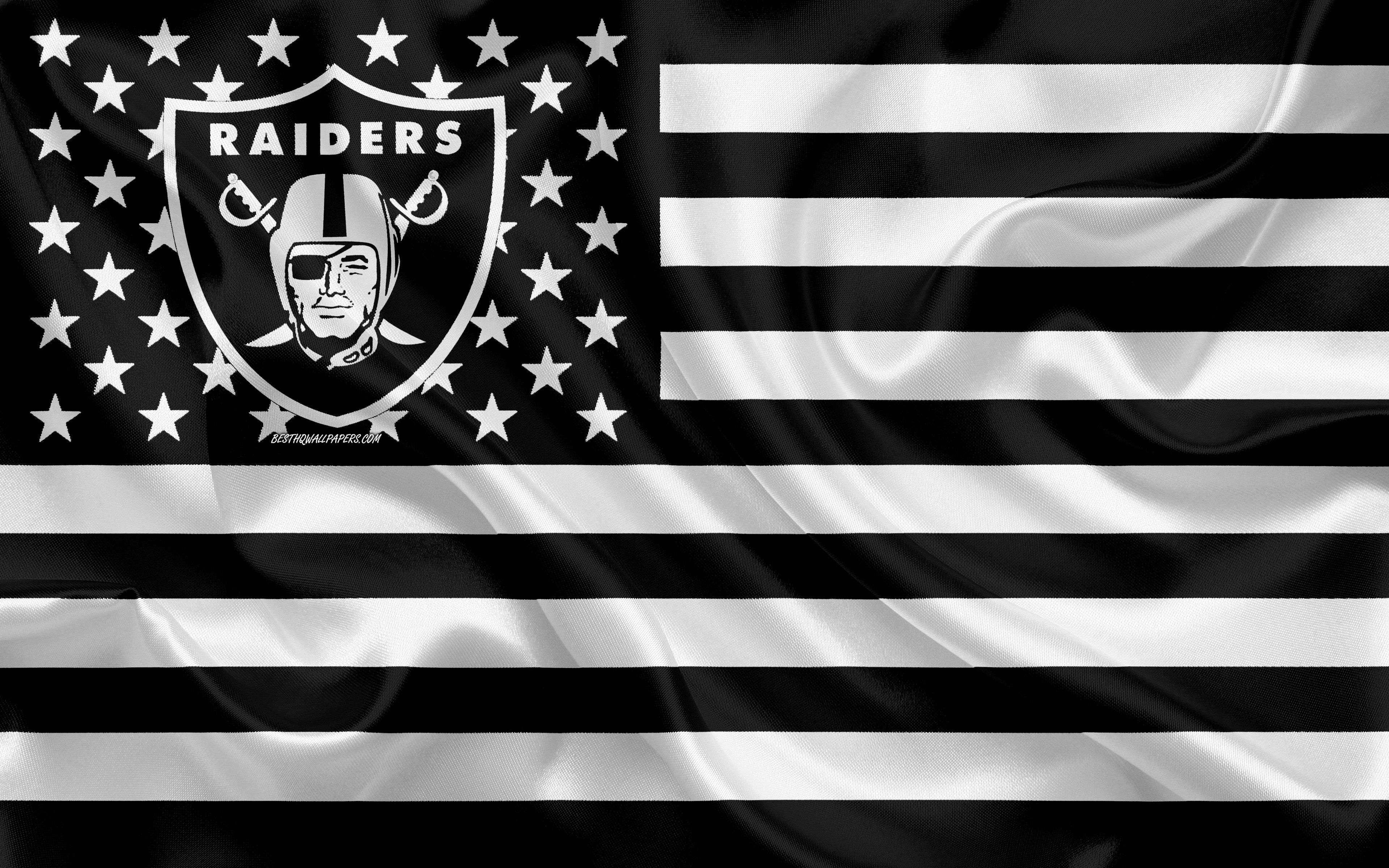 Download wallpaper Oakland Raiders, American football team, creative American flag, black and white flag, NFL, Oakland, California, USA, logo, emblem, silk flag, National Football League, American football for desktop with resolution 3840x2400