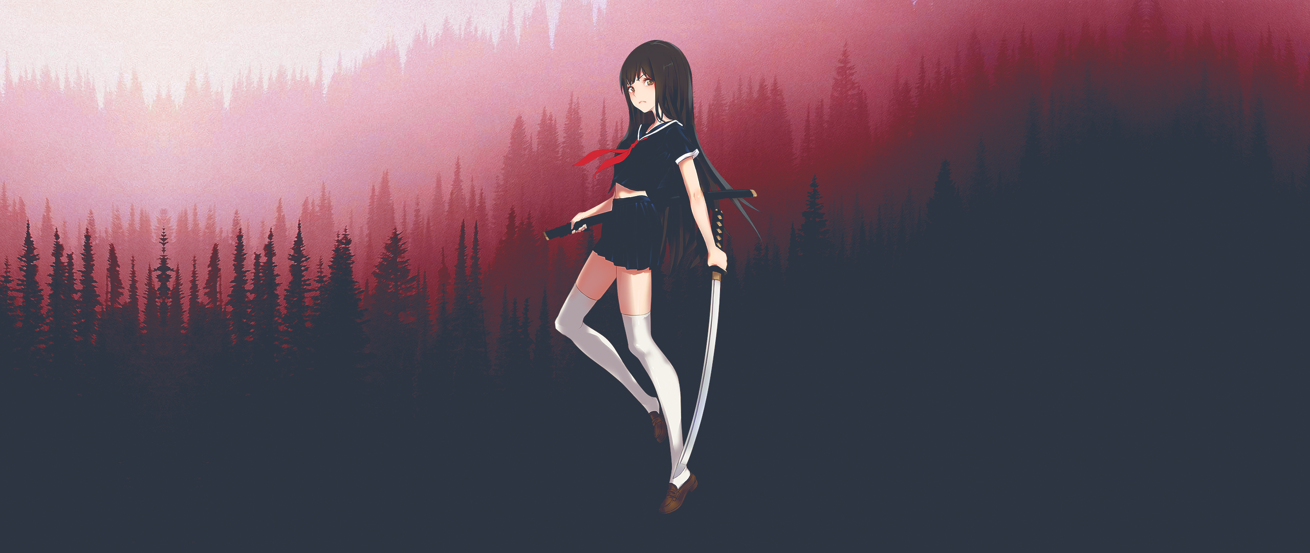 Wallpaper, anime girls, red, katana, forest, ultrawide, skirt, Japanese clothes, black hair 2560x1080