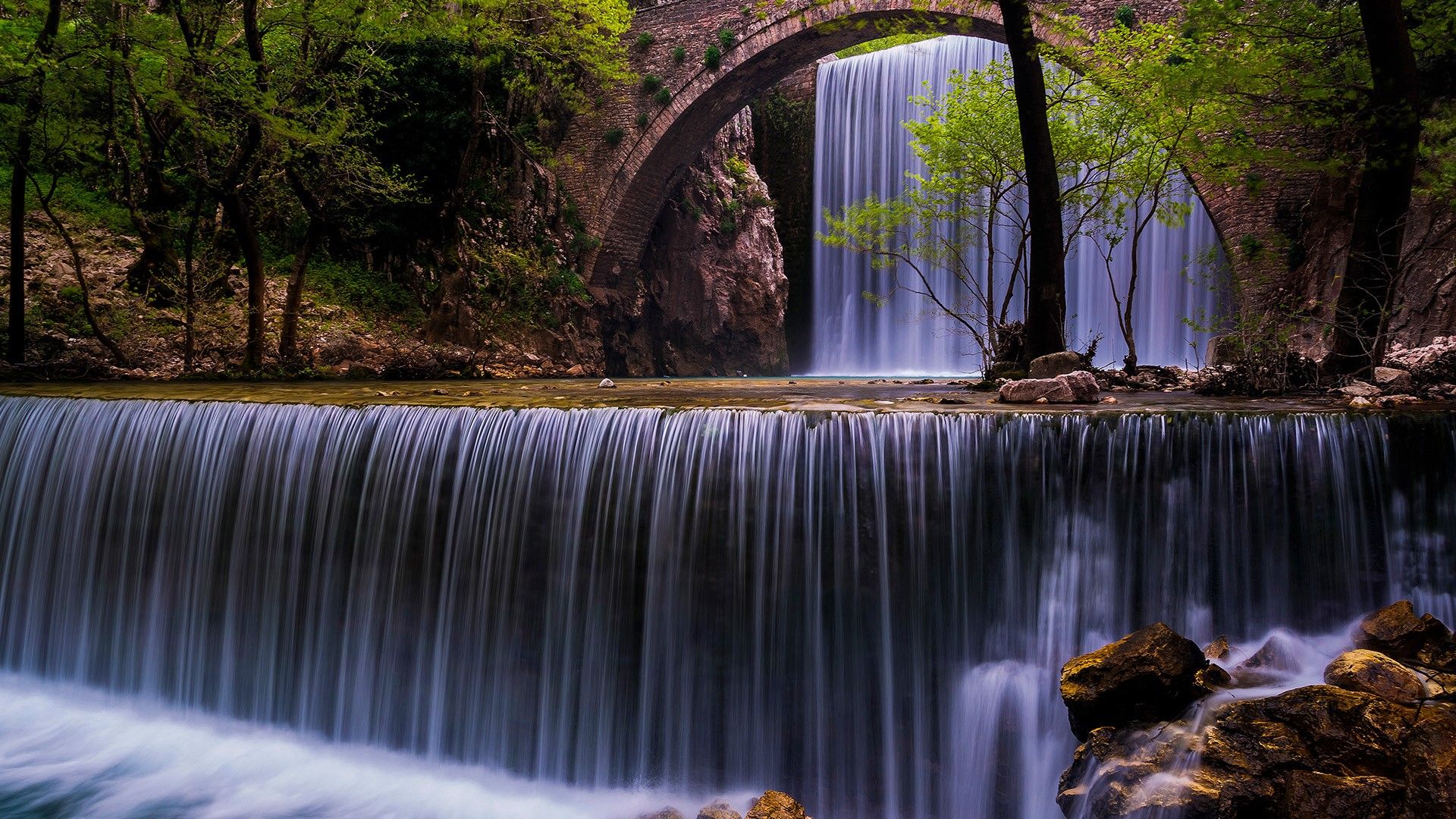 Wallpaper, nature, landscape, waterfall, trees, rocks, long exposure, forest, bridge, spring, Greece 1920x1080
