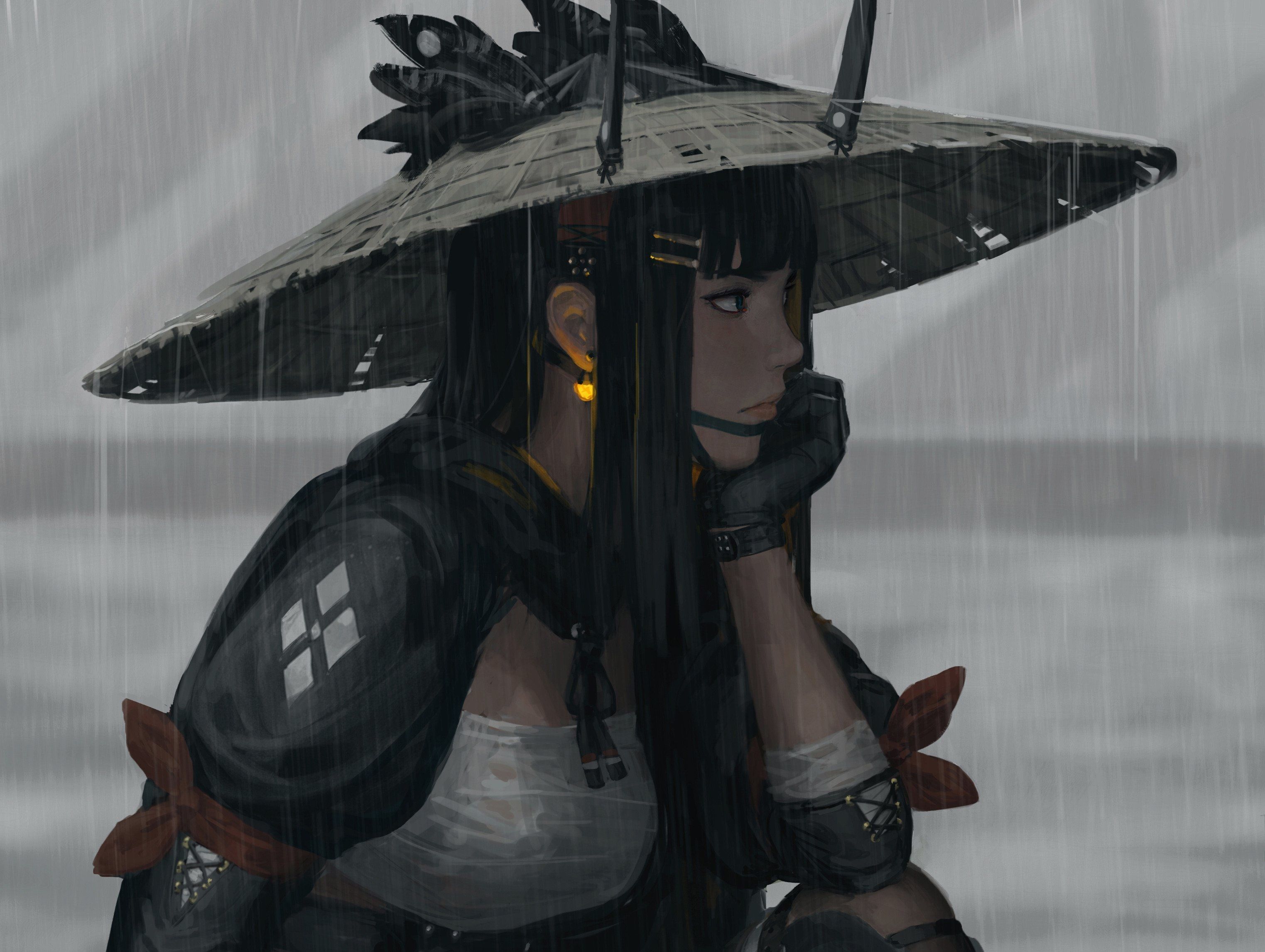 GUWEiZ Samurai Women Warrior Fantasy Girl Fan Art Drawing Artwork Z W Gu Rain Black Hair Wallpaper:3046x2292