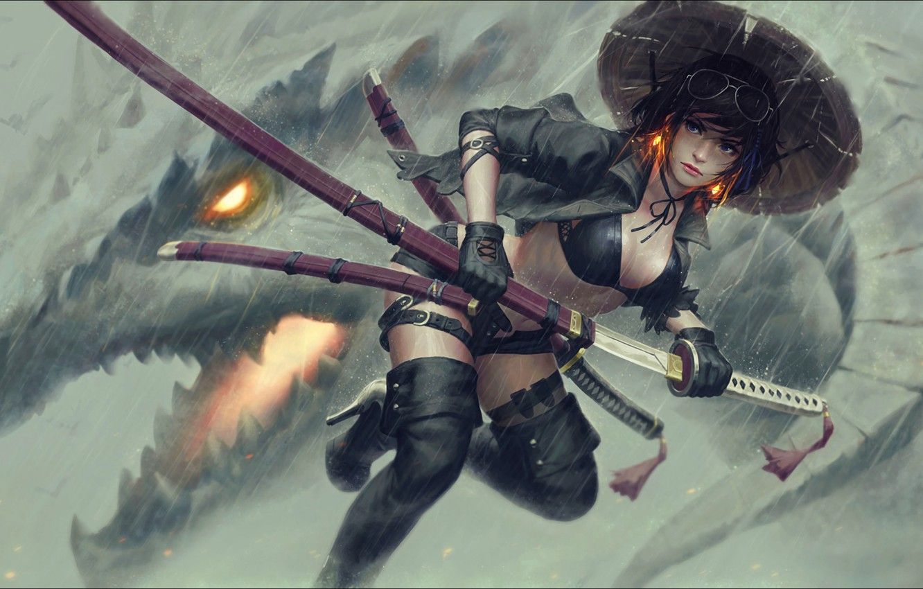 Wallpaper Fantasy, Art, Anime, Rain, Samurai, Guweiz image for desktop, section прочее