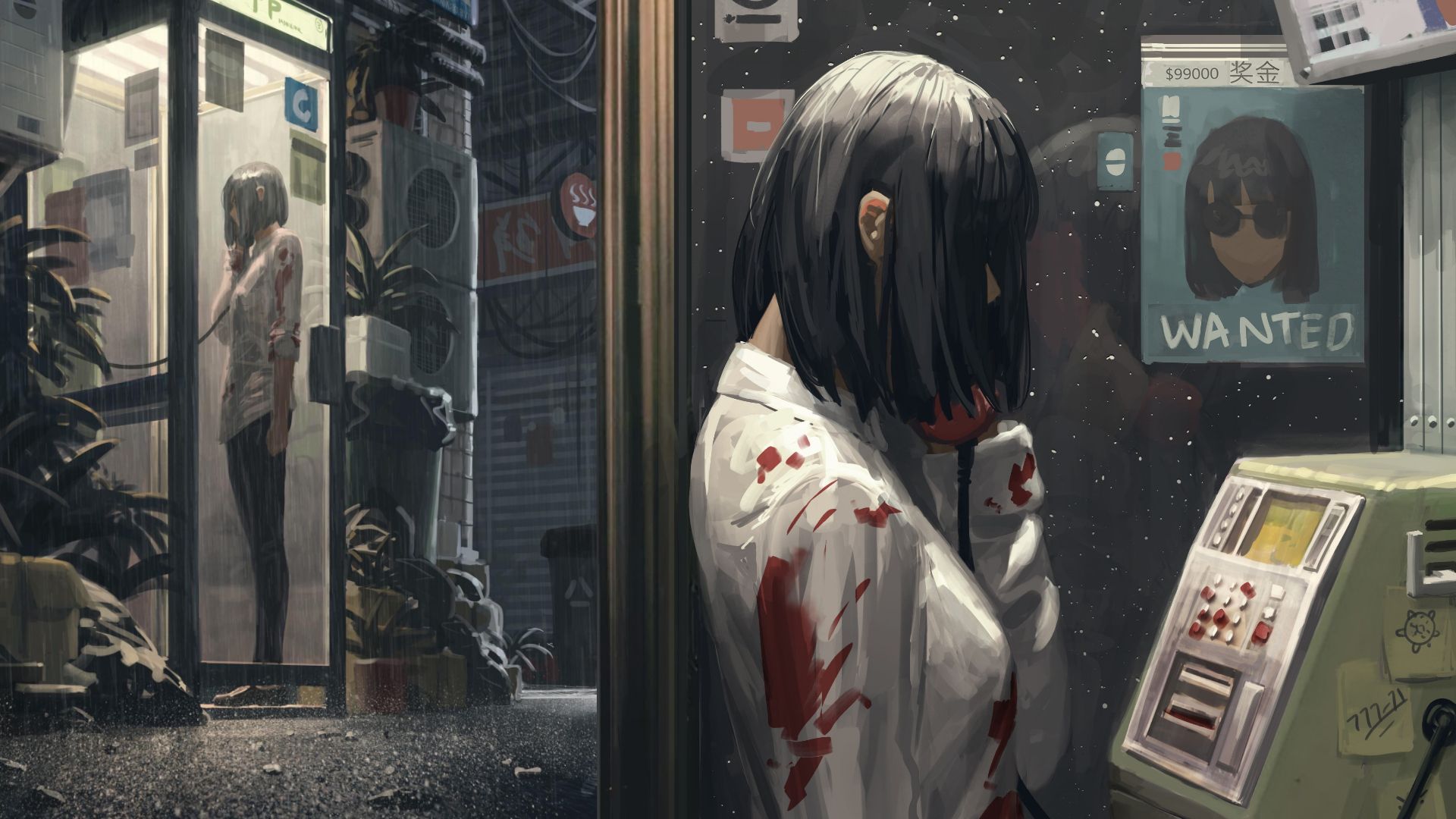 Wallpaper, anime girls, telephone, GUWEIZ 1920x1080