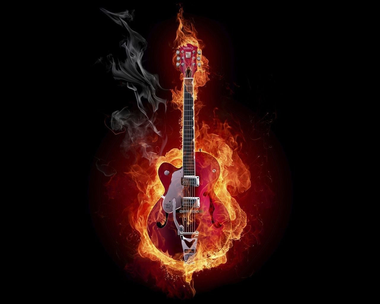 The phone background image Fiery guitar on a black background photohop