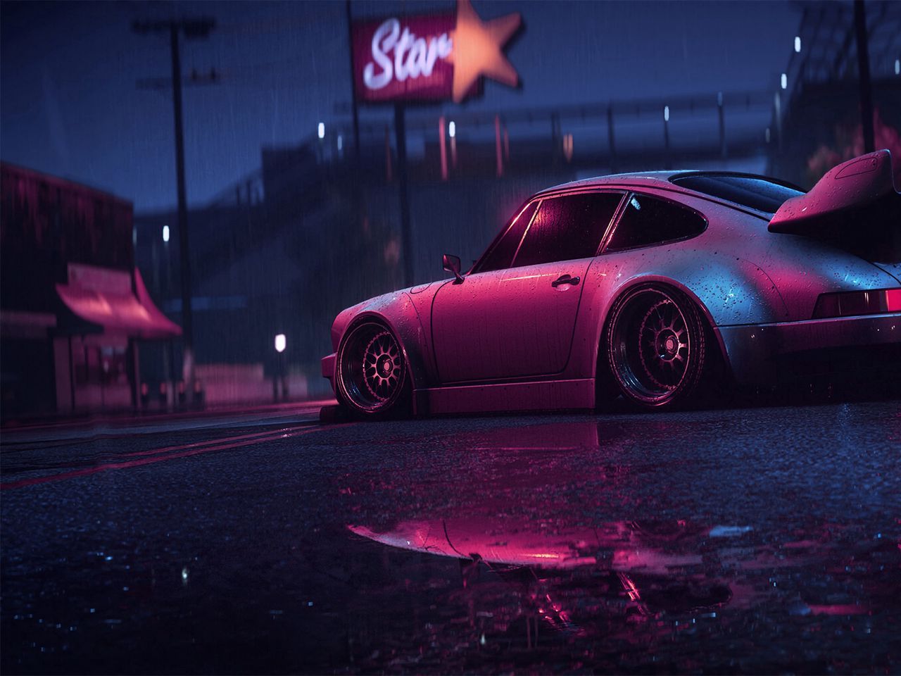 Download wallpaper 1280x960 porsche 911 carrera rsr, porsche, sports car, old, tuning, night, neon standard 4:3 HD background