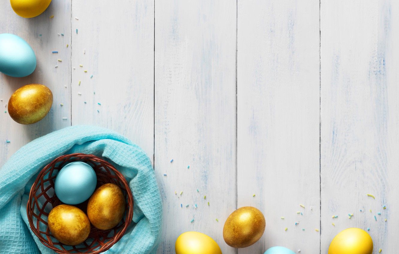Wallpaper basket, eggs, blue, Easter, golden, wood, blue, spring, Easter, eggs, decoration, Happy, tender image for desktop, section праздники