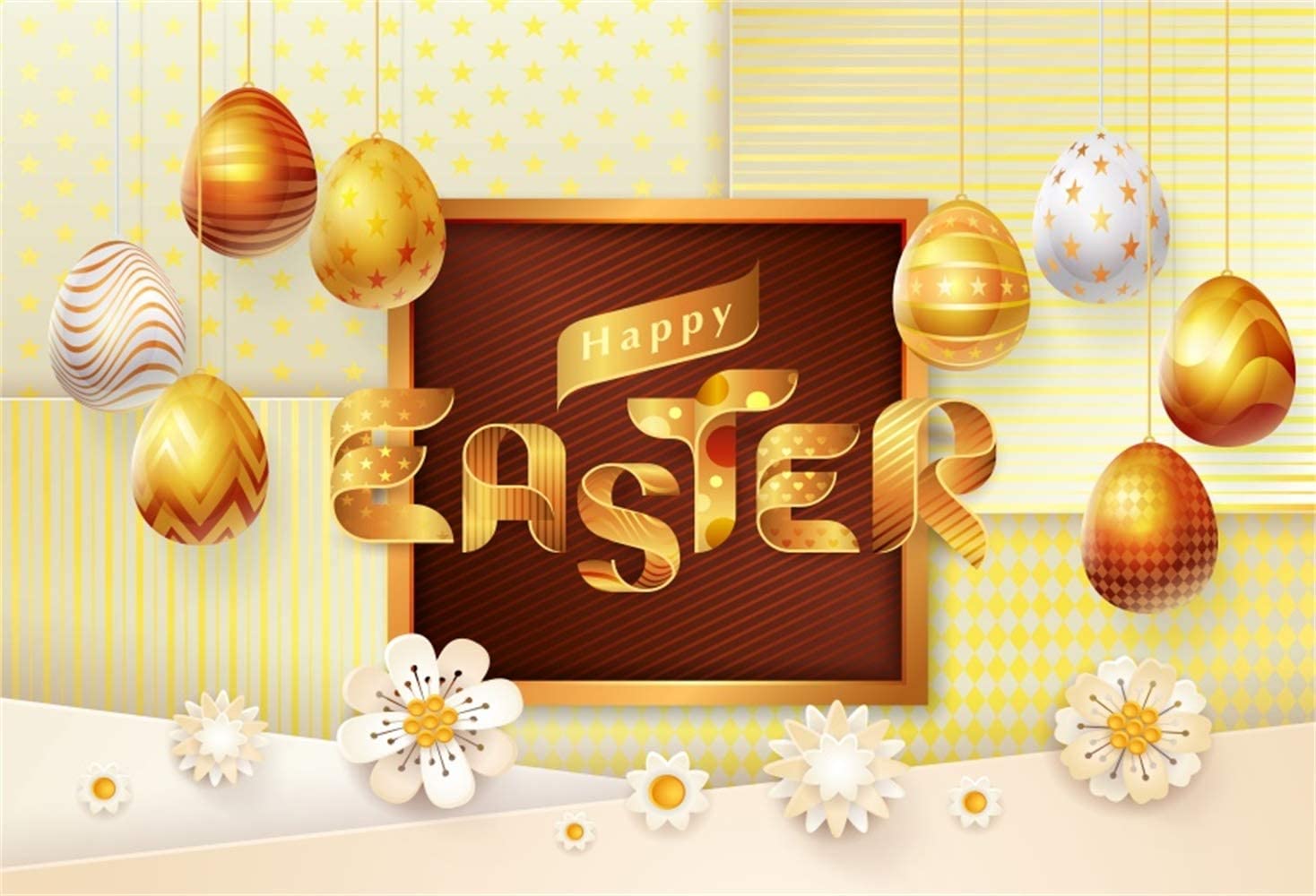 Amazon.com, Laeacco Happy Easter 5x3ft Vinyl Photography Background Cartoon Hanging Golden Easter Eggs Flowers Decors Backdrop Community Easter Egg Hunt Day Banner Wallpaper Child Baby Shoot Poster, Camera & Photo