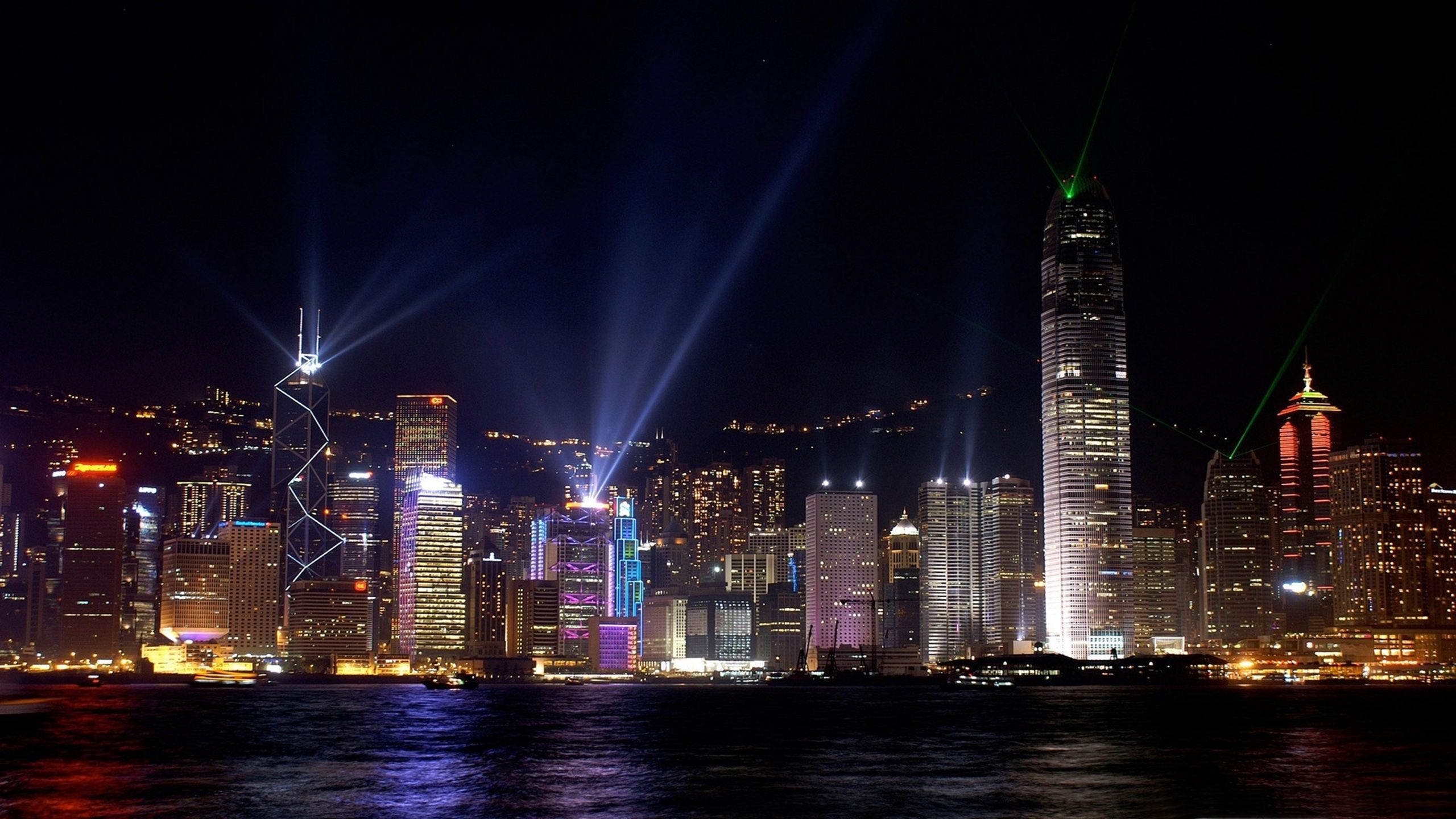 Hong Kong Victoria Harbour The City At Night Night Lighting Tall Buildings And Skyscrapers Desktop Wallpaper HD 2560x1440, Wallpaper13.com