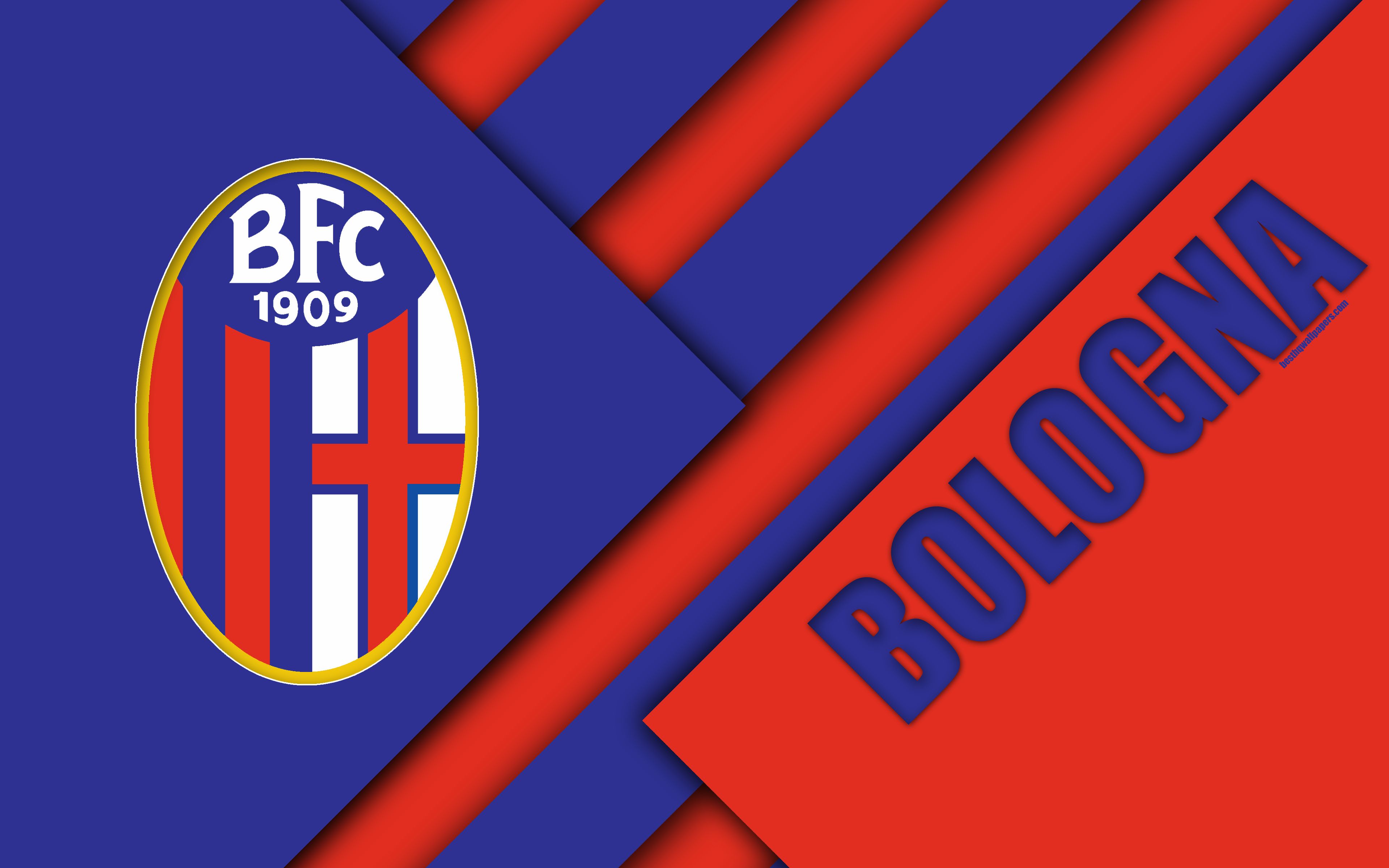 Download wallpaper Bologna FC, logo, 4k, material design, football, Serie A, Bologna, Italy, red blue abstraction, Italian football club for desktop with resolution 3840x2400. High Quality HD picture wallpaper