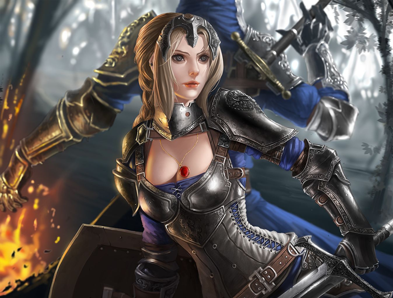 Desktop Wallpaper Armor Swords Corset Warriors female Fantasy