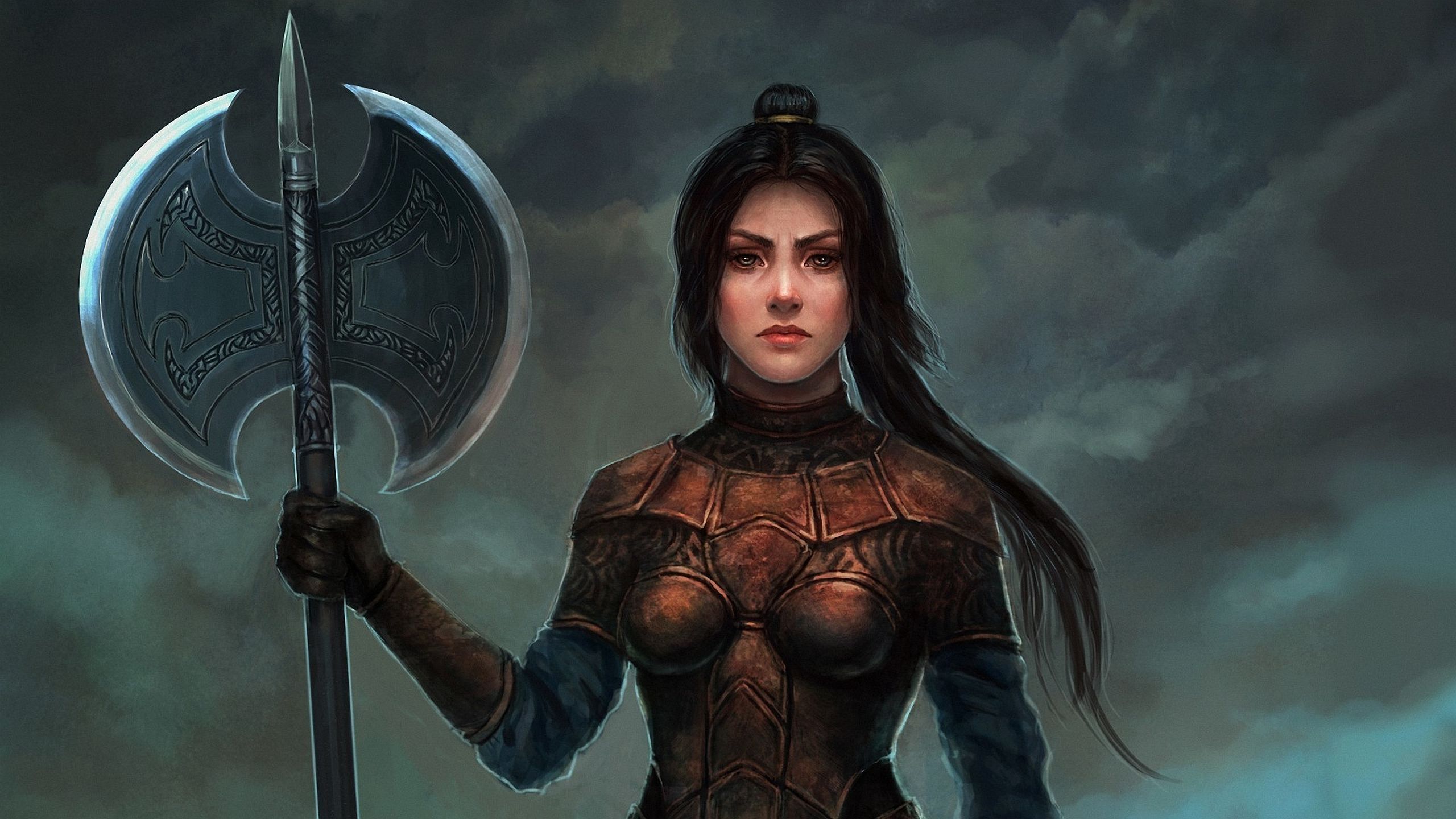 Fantasy Woman Armor Woman Warrior Axe Black Hair Wallpaper:2560x1440
