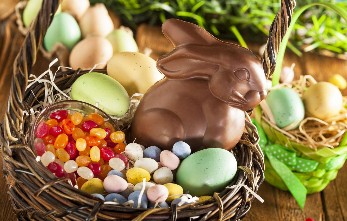 Wallpaper basket, chocolate, eggs, rabbit, candy, Easter image for desktop, section праздники