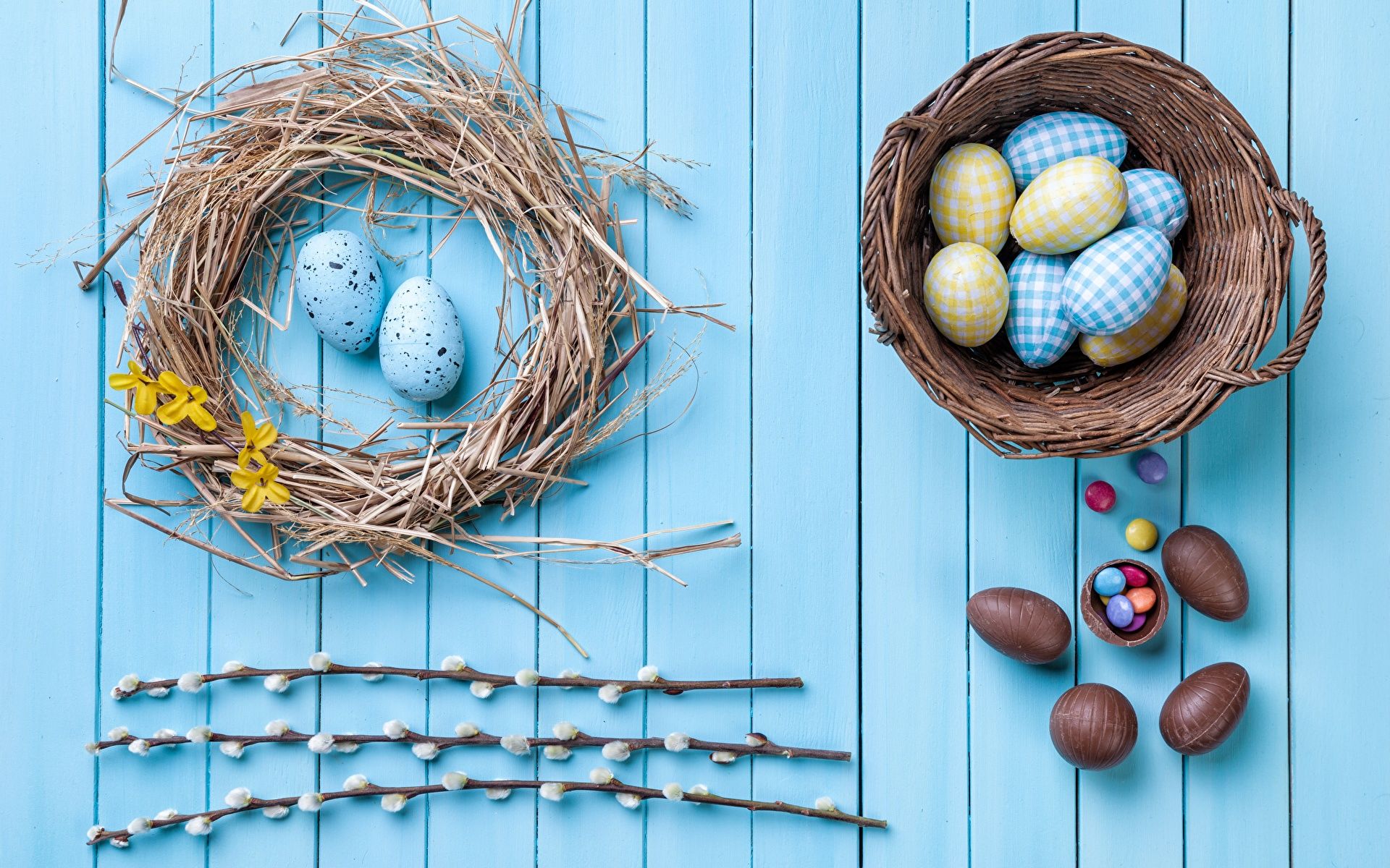 Wallpaper Easter Eggs Chocolate Nest Wicker basket 1920x1200