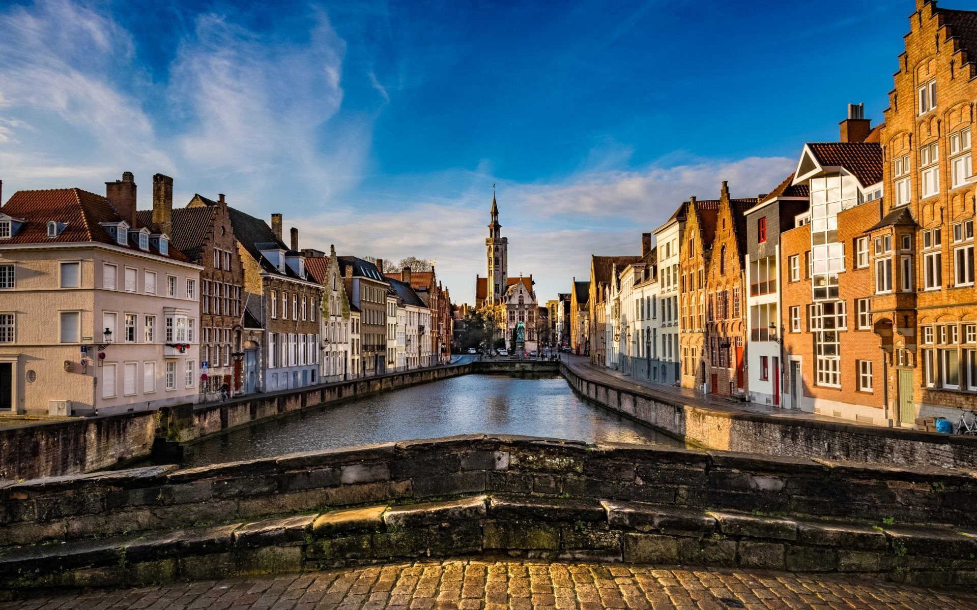 Download wallpaper Bruges, channel, spring, old town, Belgium for desktop with resolution 1920x1200. High Quality HD picture wallpaper
