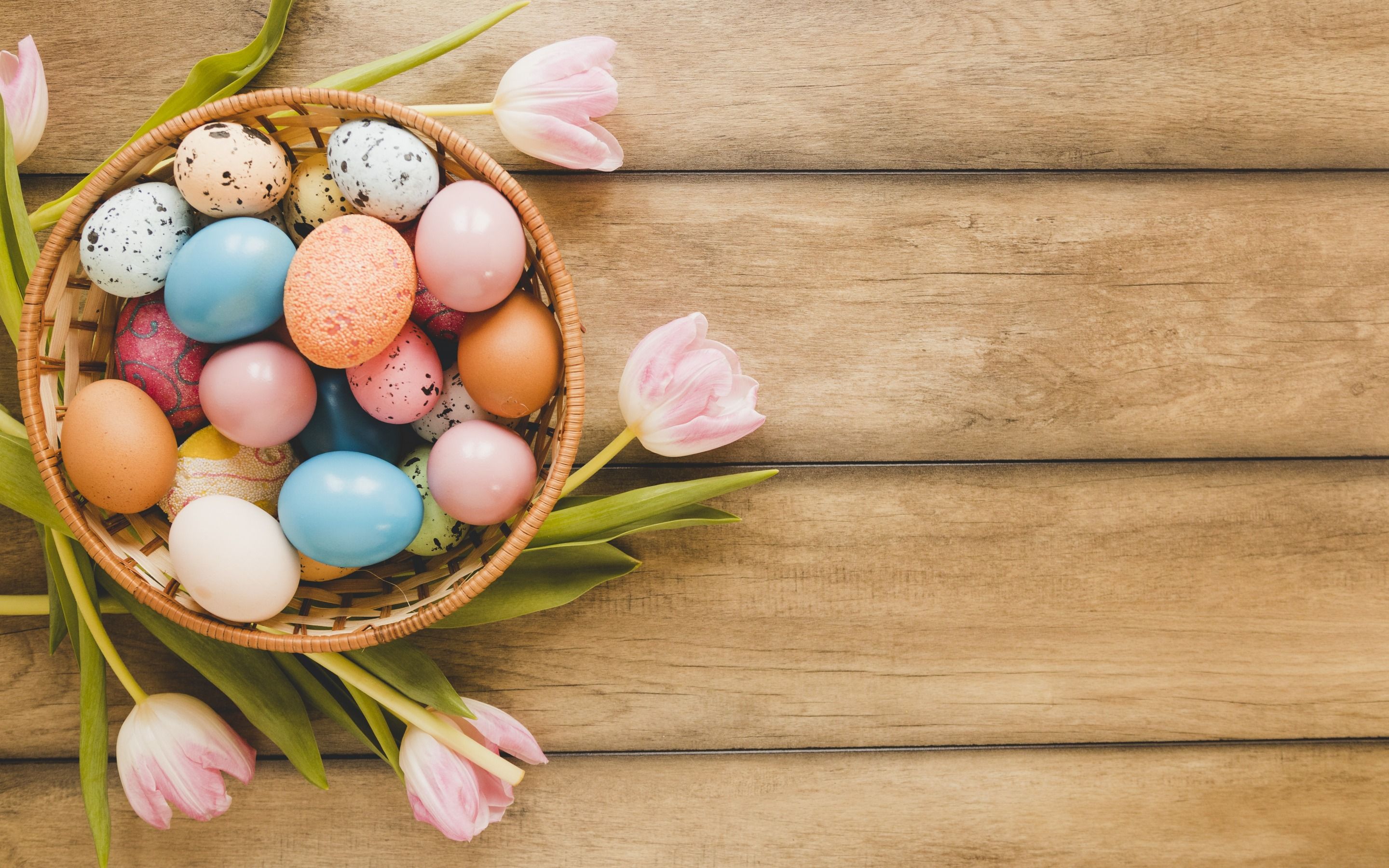 Download wallpaper Easter eggs, decoration, wooden background, Easter, pink tulips for desktop with resolution 2880x1800. High Quality HD picture wallpaper