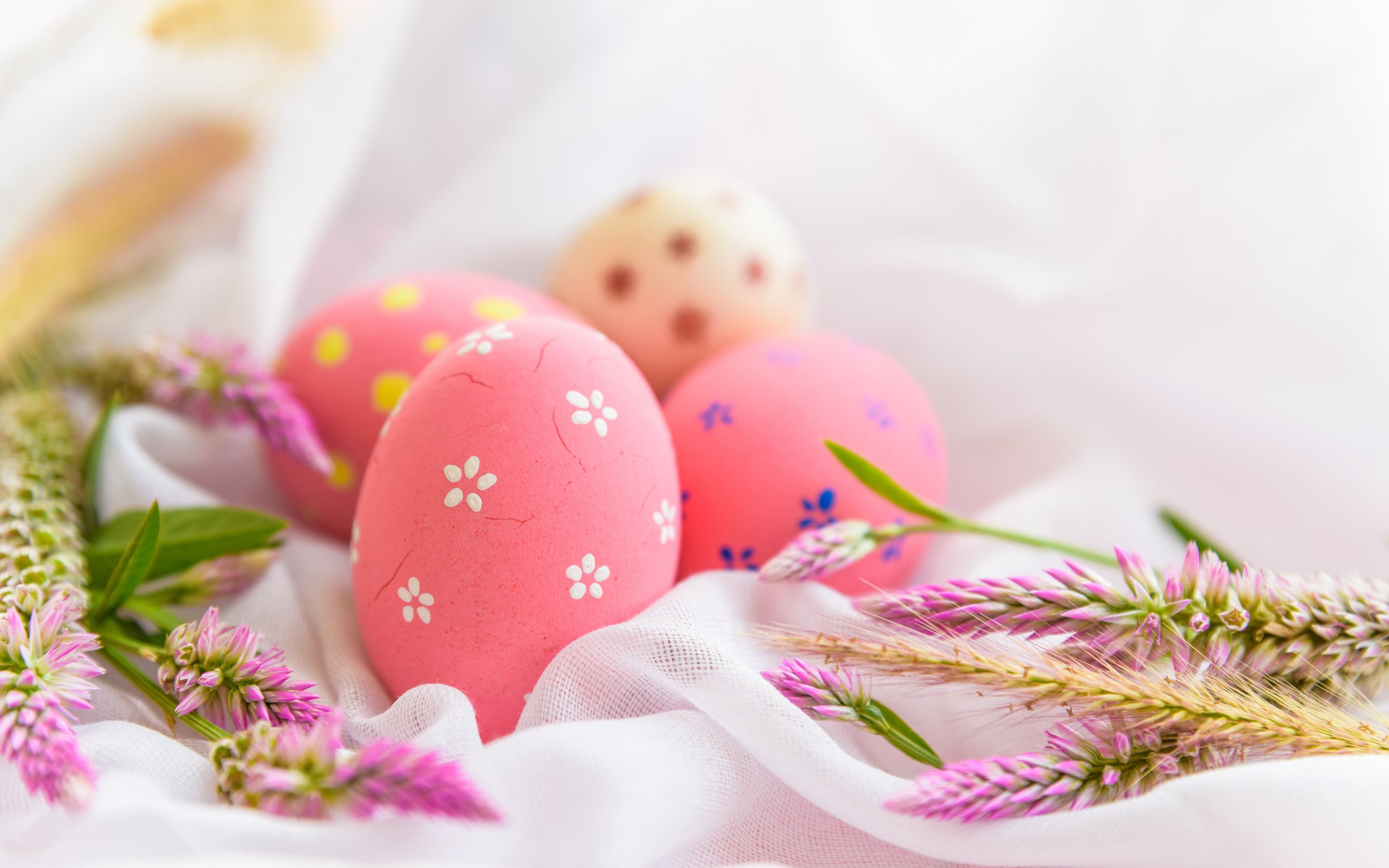 Download wallpaper Pink Easter eggs, spring purple flowers, Easter, pink fabric, Easter background for desktop with resolution 2880x1800. High Quality HD picture wallpaper