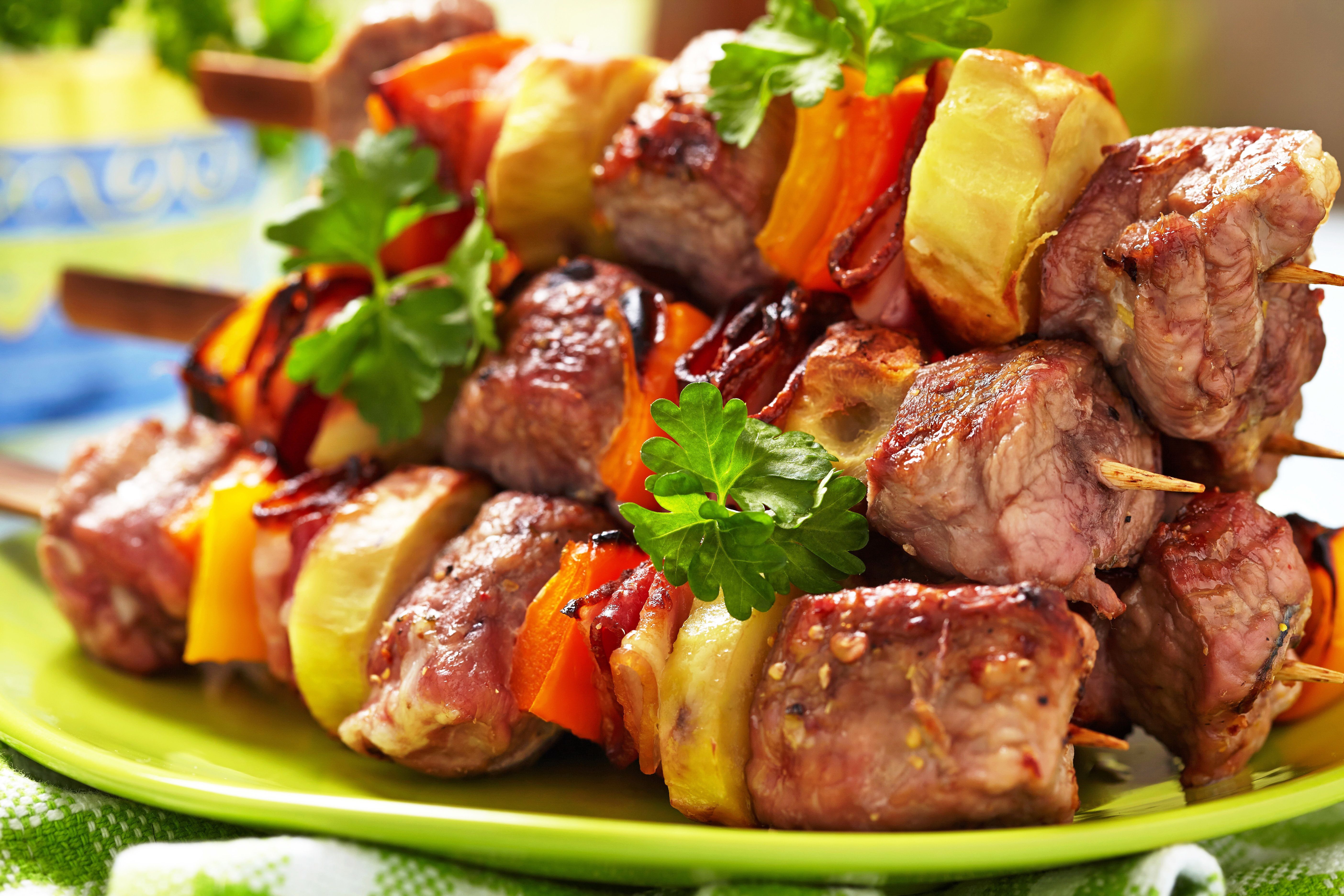 Grilled Pork Shish Kebab Skewers Vegetables Food Background Shashlik Stock  Photo by ©whitestorm4 220865506