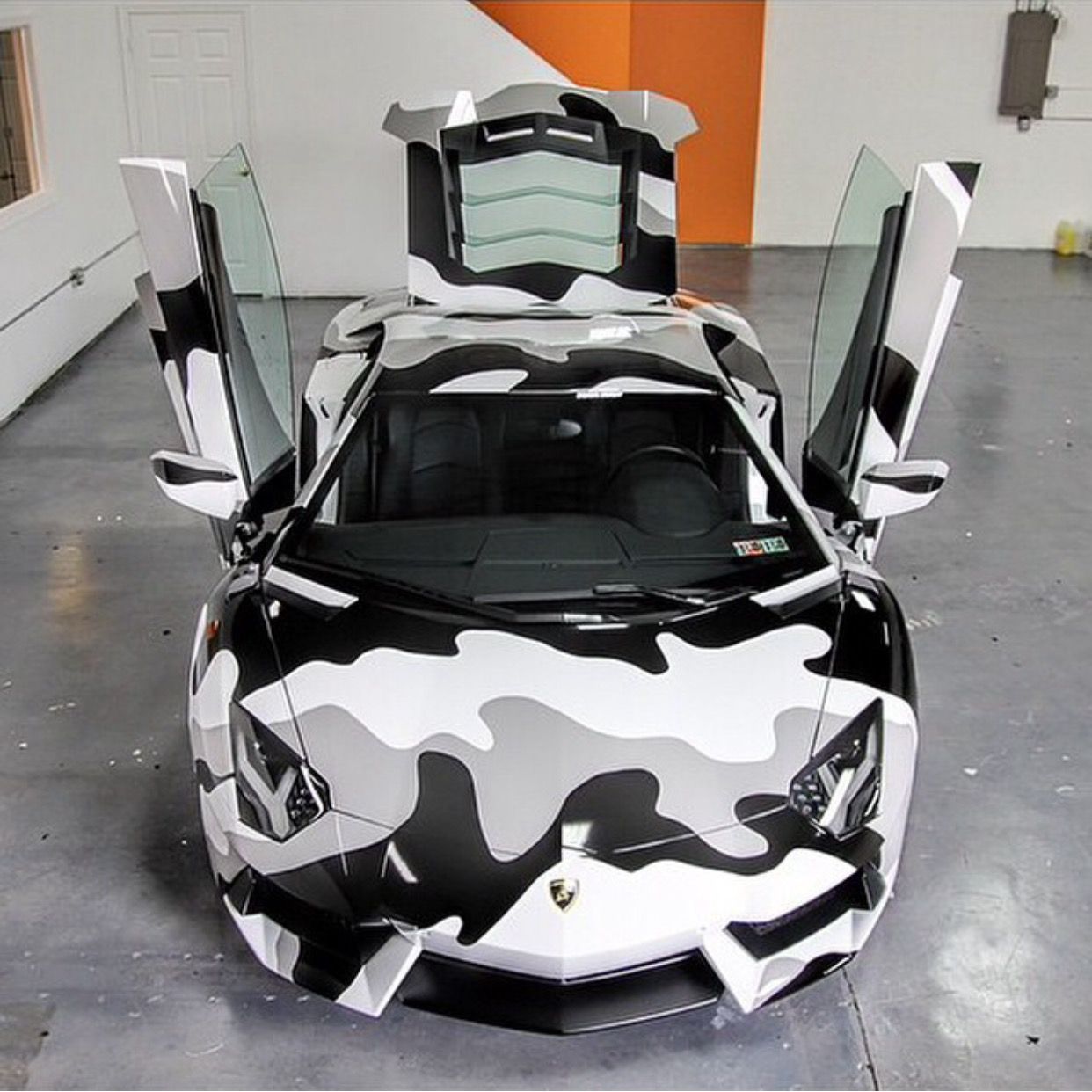 Lamborghini Aventador Coupe wrapped in Black, White & Gray camo Photo taken by: on Instagram. Camo car, Super cars, Camo wraps