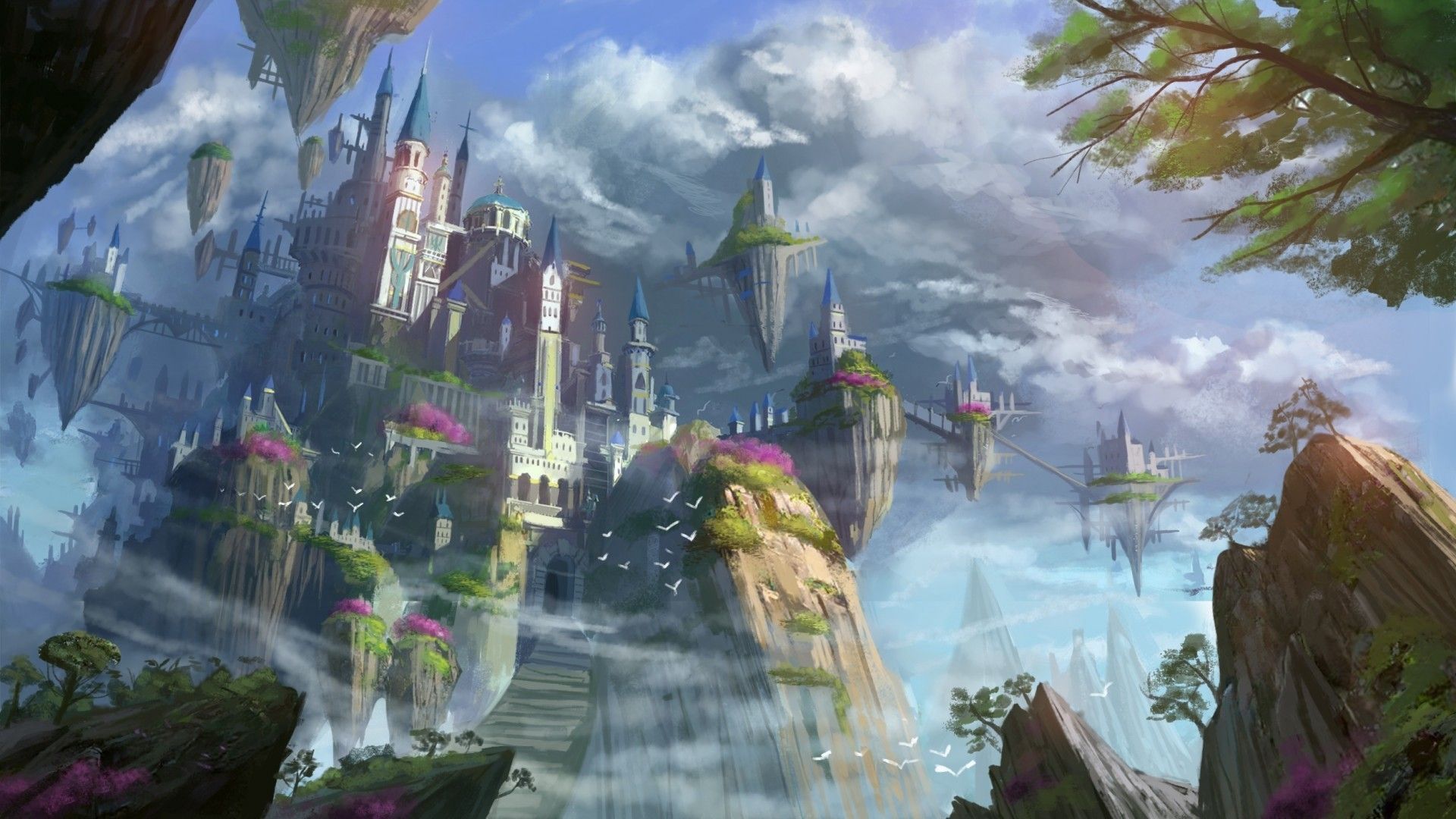 Download 1920x1080 Anime Castle, Airship, Floating Islands, Fantastic World, Scenic Wallpaper for Widescreen