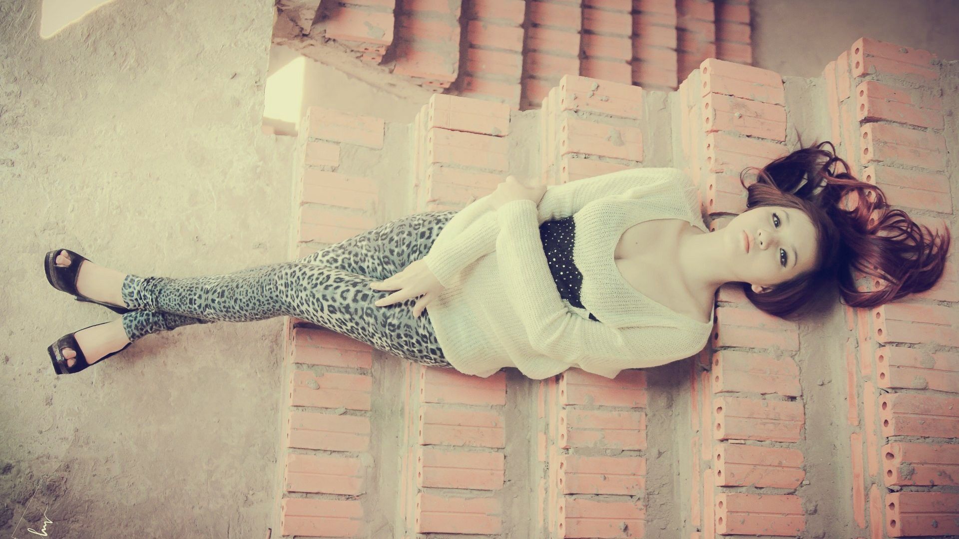 Wallpaper girl, model, style, shoes, leggings, blouse, brick, cement