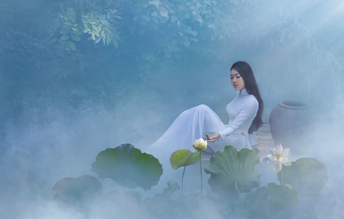 Wallpaper leaves, girl, light, flowers, pose, fog, pond, style, white, shore, model, hair, garden, dress, brunette, Lotus image for desktop, section стиль