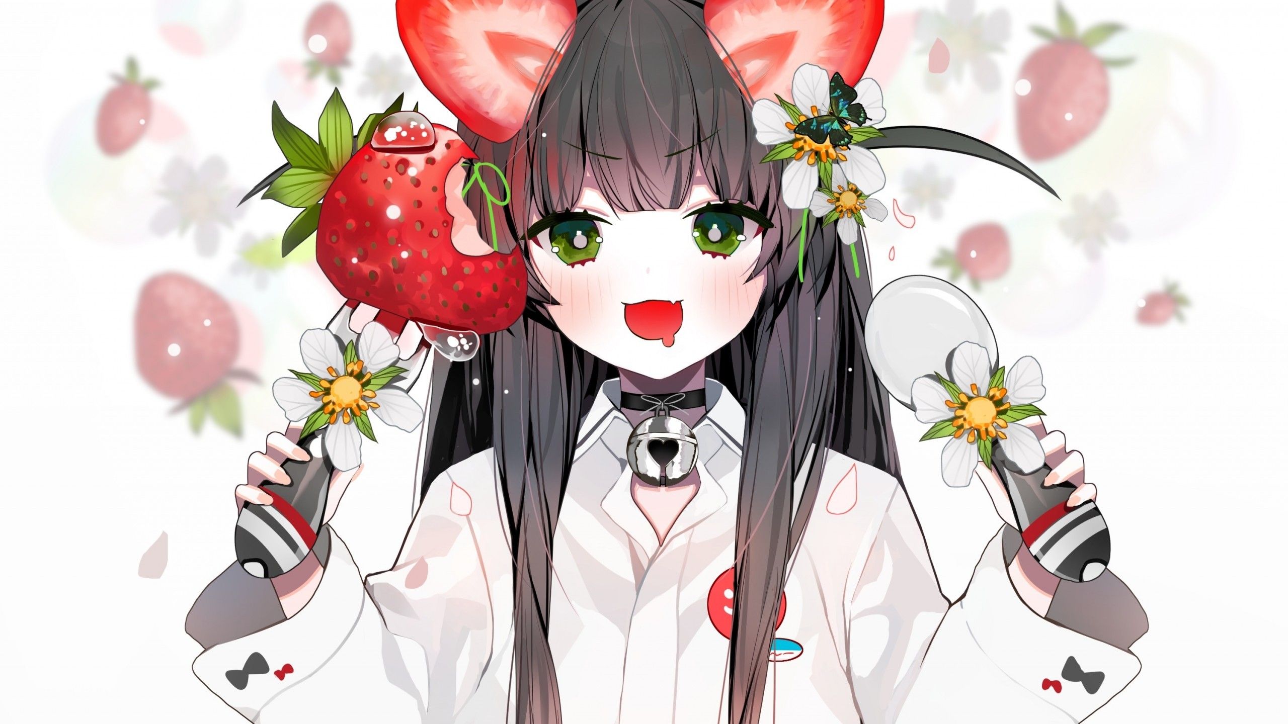 Download 2560x1440 Cute Anime Girl, Green Eyes, Strawberries, Shirt, Fang, Loli Wallpaper for iMac 27 inch