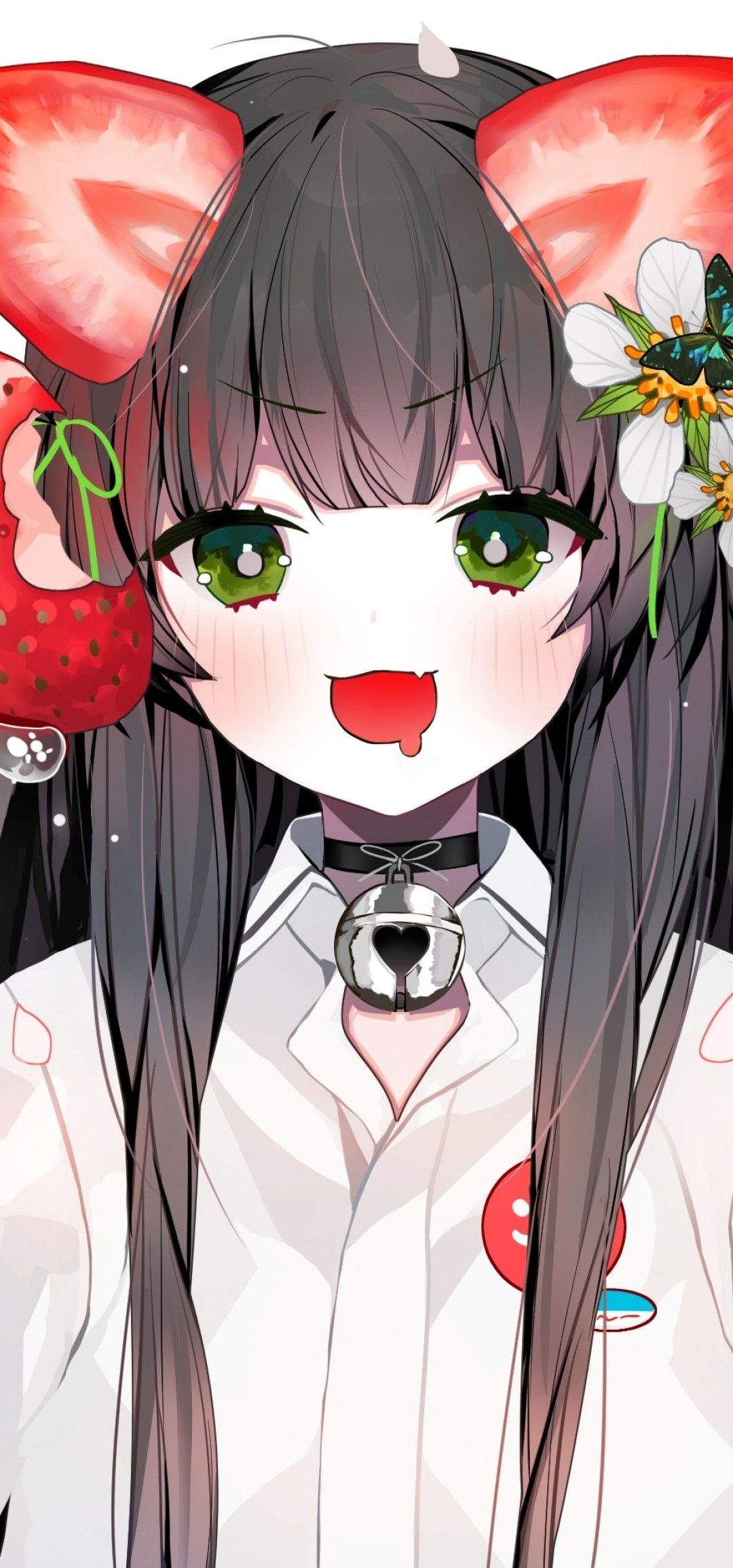 Download 1080x2310 Cute Anime Girl, Green Eyes, Strawberries, Shirt, Fang, Loli Wallpaper for Honor View 20