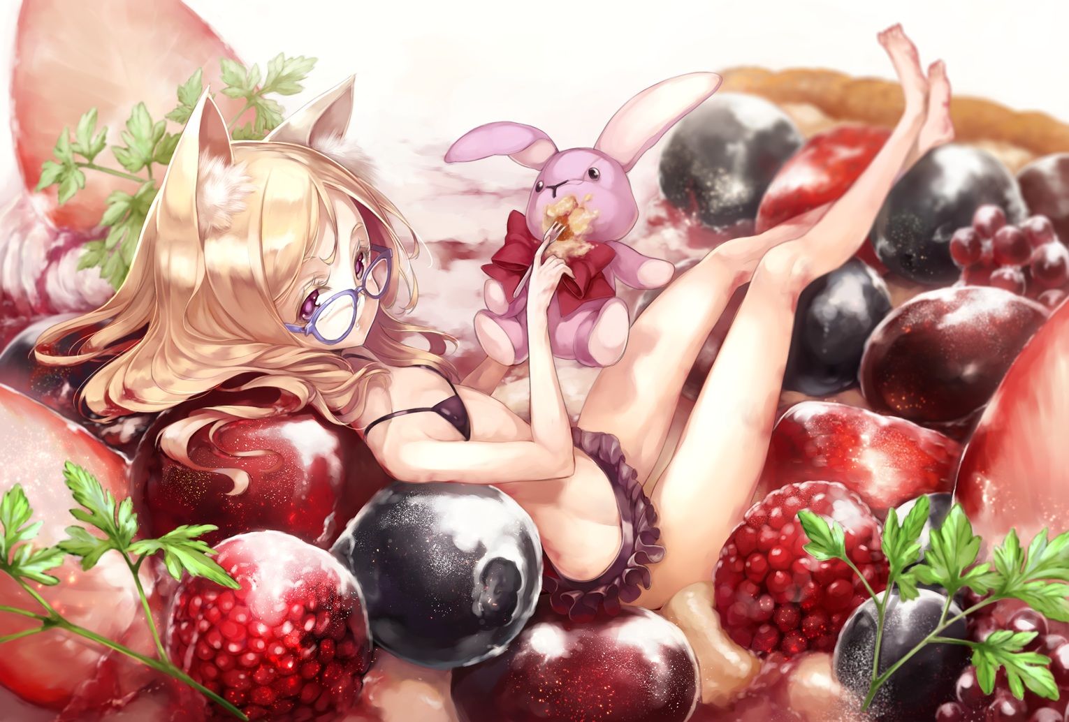 Original Anime Girl Bikini Fruit Raspberry Blackberry Strawberry Teddy Bear Animal Ears Long Hair Bl Wallpaper:1530x1034