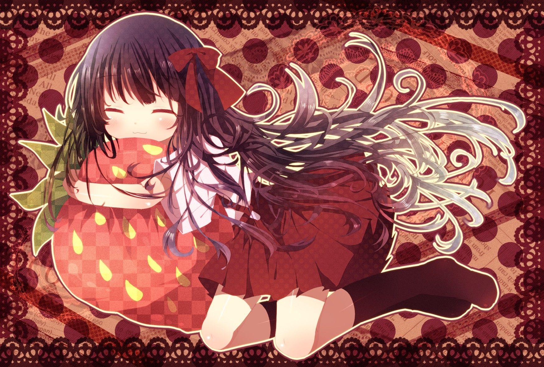 Download Wallpaper, Download 1748x1181 dress long hair purple hair pillows blush strawberries closed eyes hair ribbons anime girls 1748x Miscellaneous HD Wallpaper, Hi Res Miscellaneous Wallpaper, High Definition Wallpaper