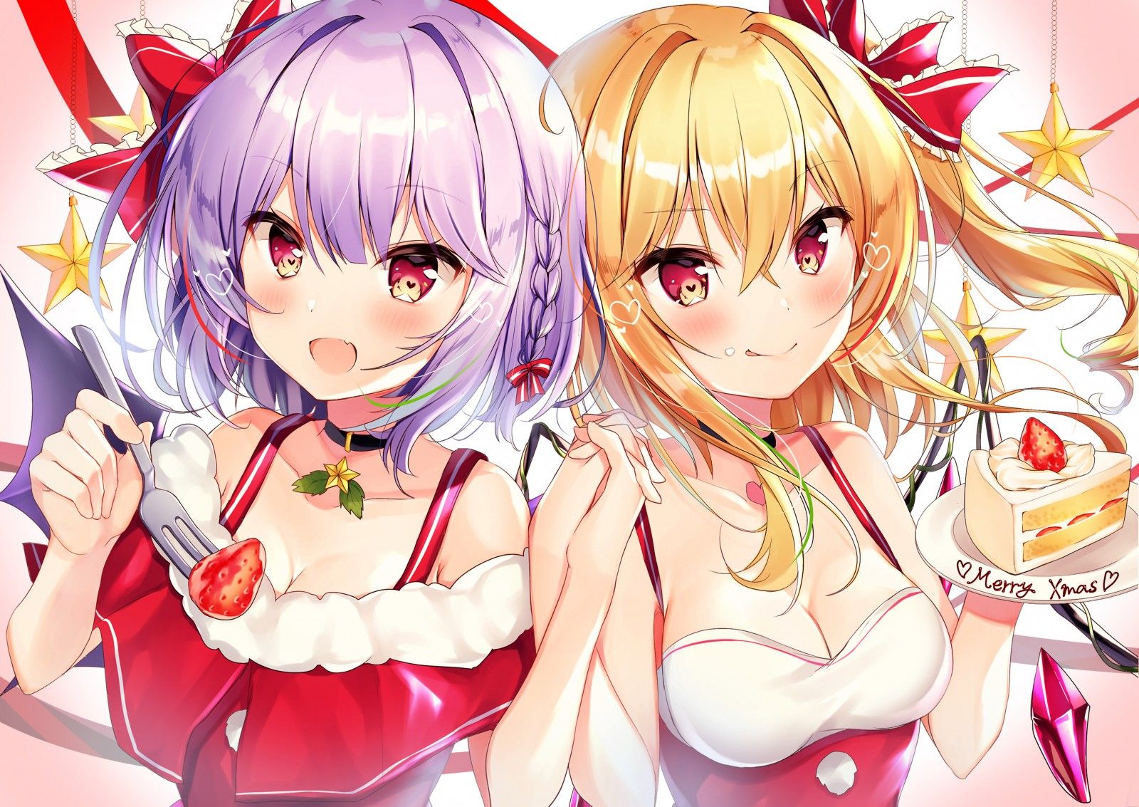 Wallpaper, anime girls, digital art, artwork, 2D, portrait, Touhou, Remilia Scarlet, Flandre Scarlet, Christmas, strawberries, cake 3541x2508