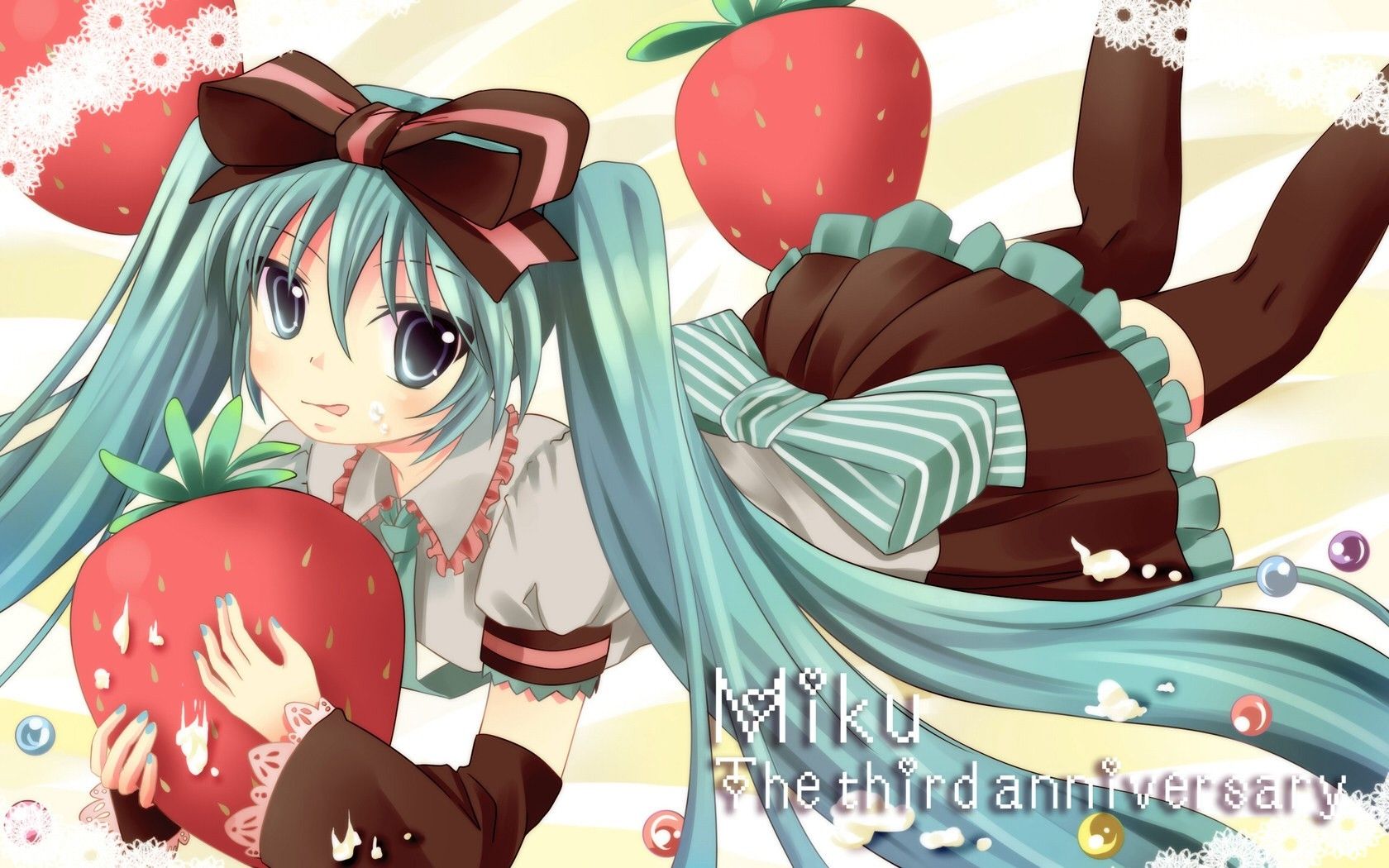 Wallpaper, illustration, anime, cartoon, strawberries, Hatsune Miku, girl, posture, background, nice, mangaka 1680x1050