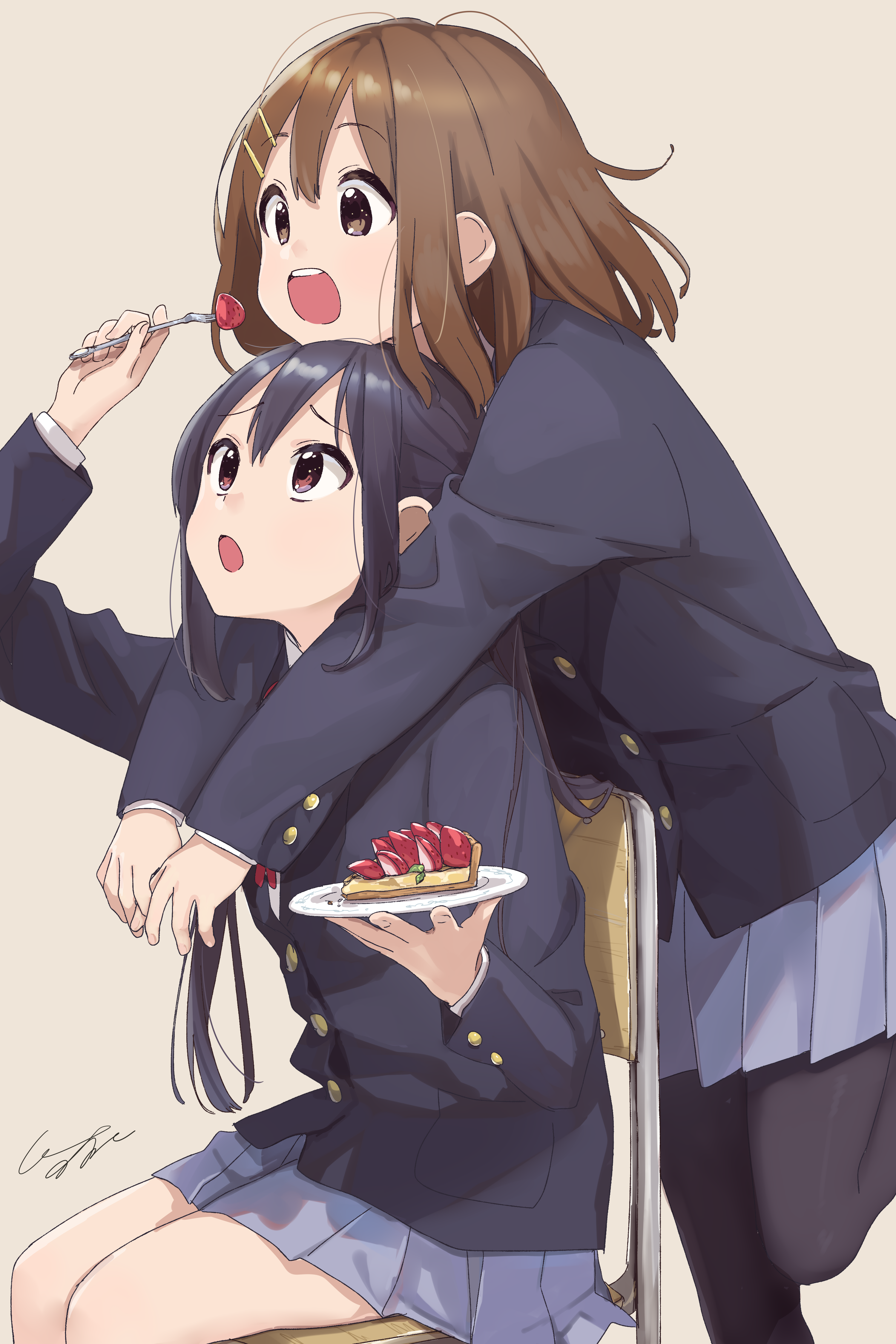 K ON Anime Girls School Uniform JK Anime Girls Eating Long Hair Short Hair Hugging Tart Strawberries Wallpaper:3000x4500