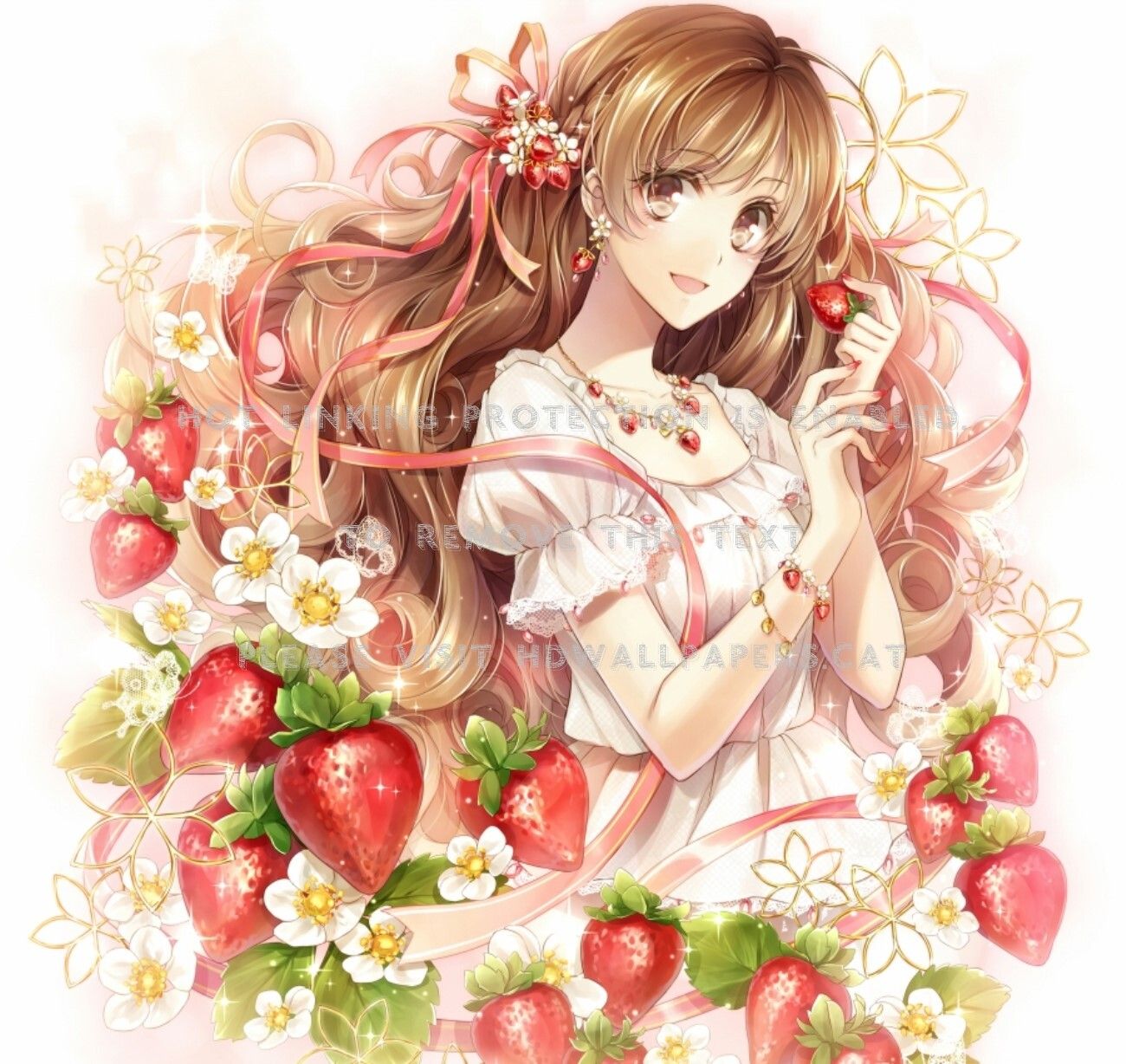 strawberries white fruit pink anime red art