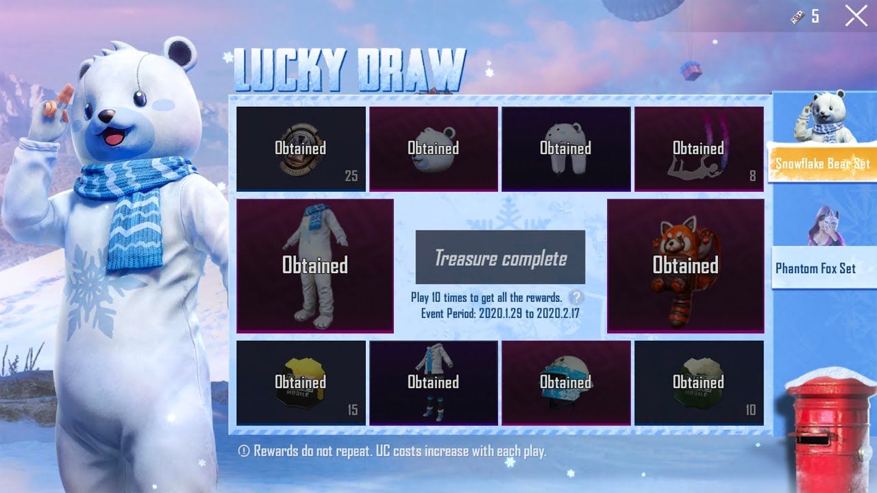 SnowFlake Bear Set Lucky Draw PUBG Mobile unlocked for just 6990 UC