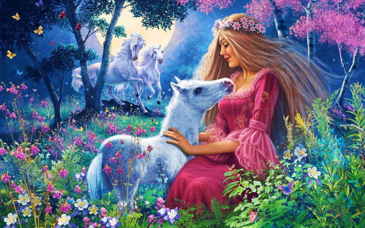 Magic Forest Woman Foal Horses desktop PC and Mac wallpaper