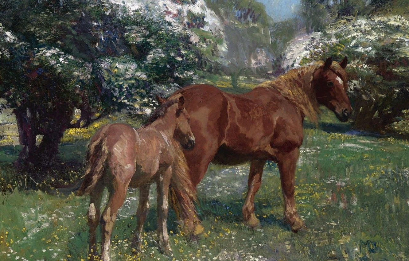 Wallpaper animals, landscape, nature, picture, Horse Mare and new foal in the Spring Meadow, Alfred James Munnings, Alfred James Munnings image for desktop, section живопись