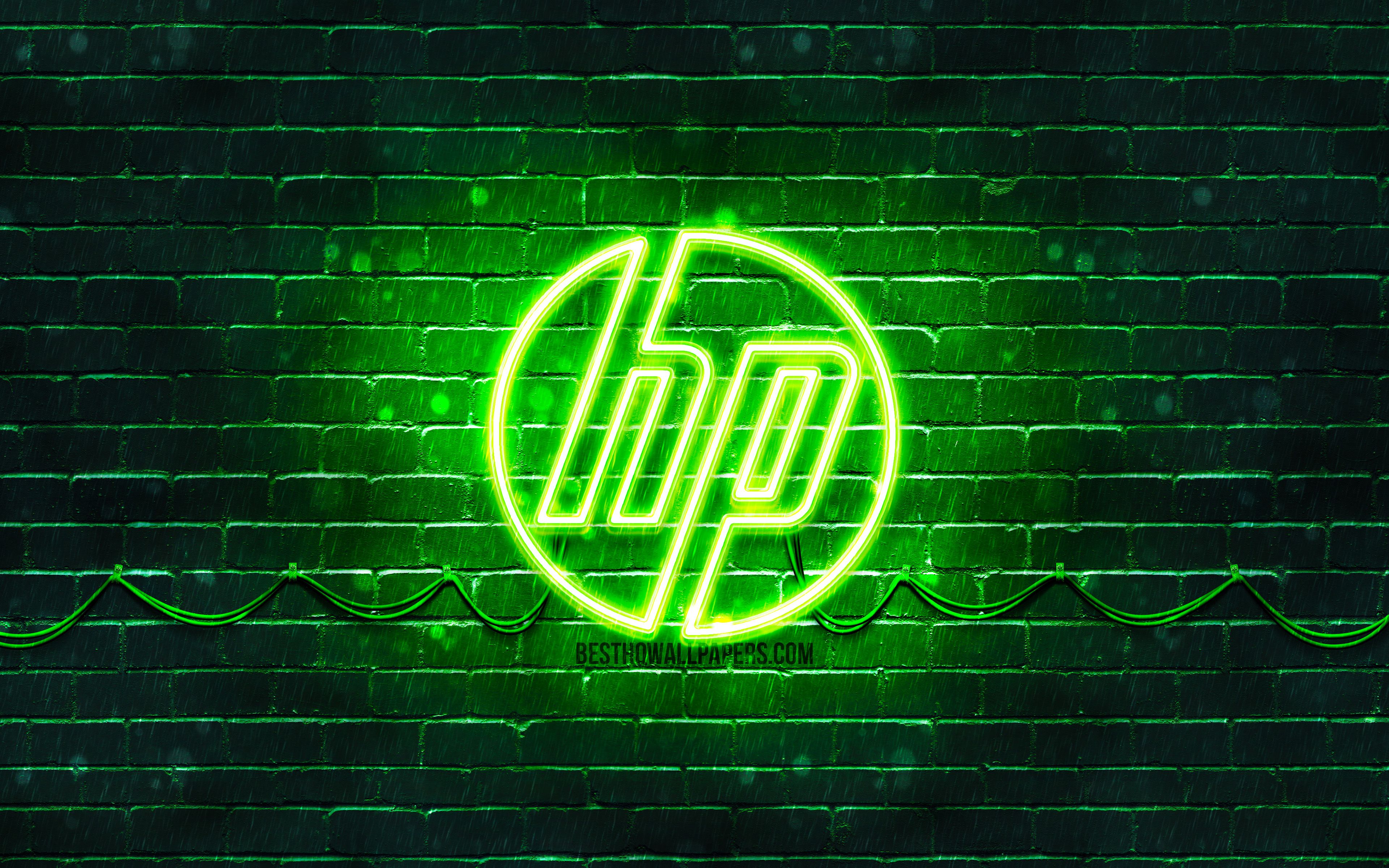 Download Wallpaper HP Green Logo, 4k, Green Brickwall, Hewlett Packard, HP Logo, HP Neon Logo, HP, Hewlett Packard Logo For Desktop With Resolution 3840x2400. High Quality HD Picture Wallpaper