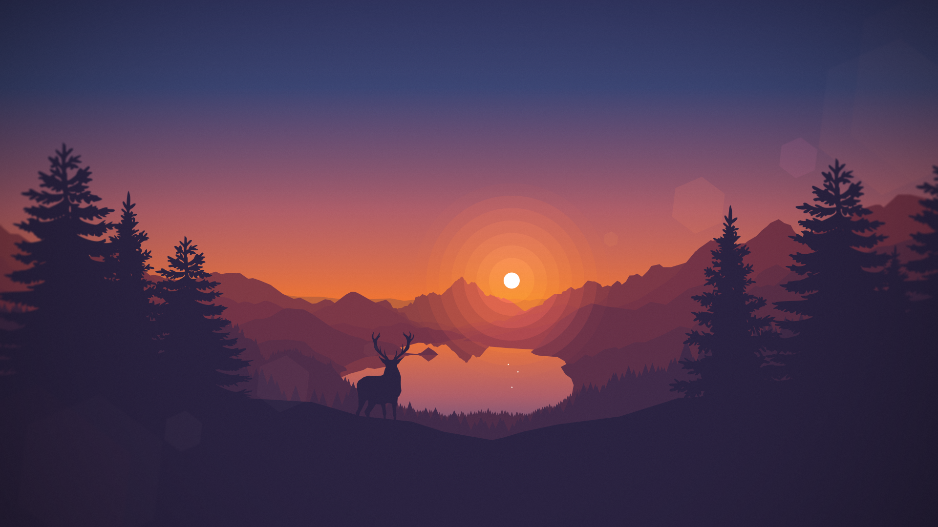 Wallpaper, sunset, drawing, animals, lake, landscape, deer, artwork, silhouette, nature, digital art, pine trees, hills, clear sky, vector, warm colors, Firewatch, video games, Lago di Scanno 1920x1080