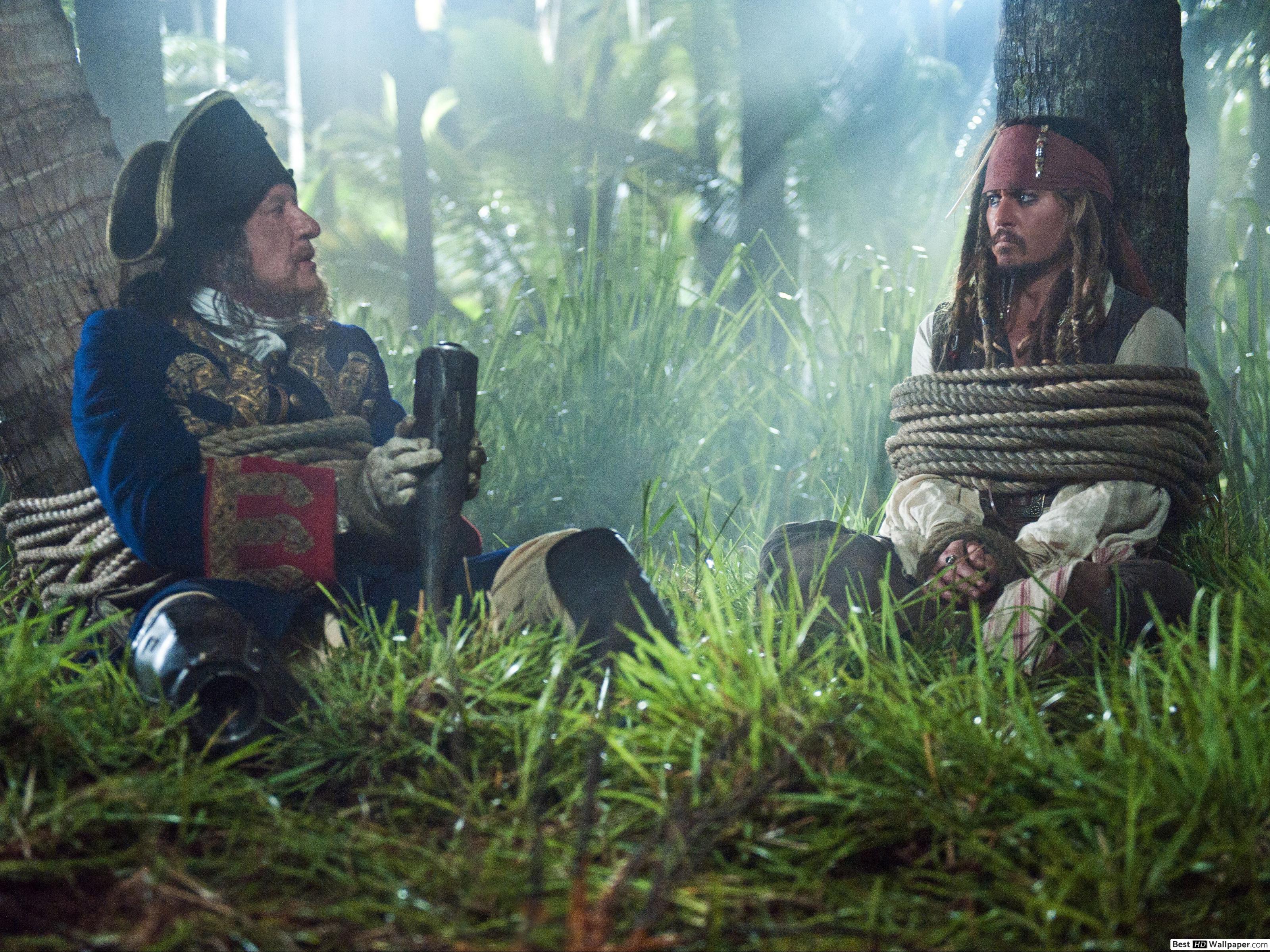 Captain Barbossa and Jack Sparrow tied up in a tree HD wallpaper download