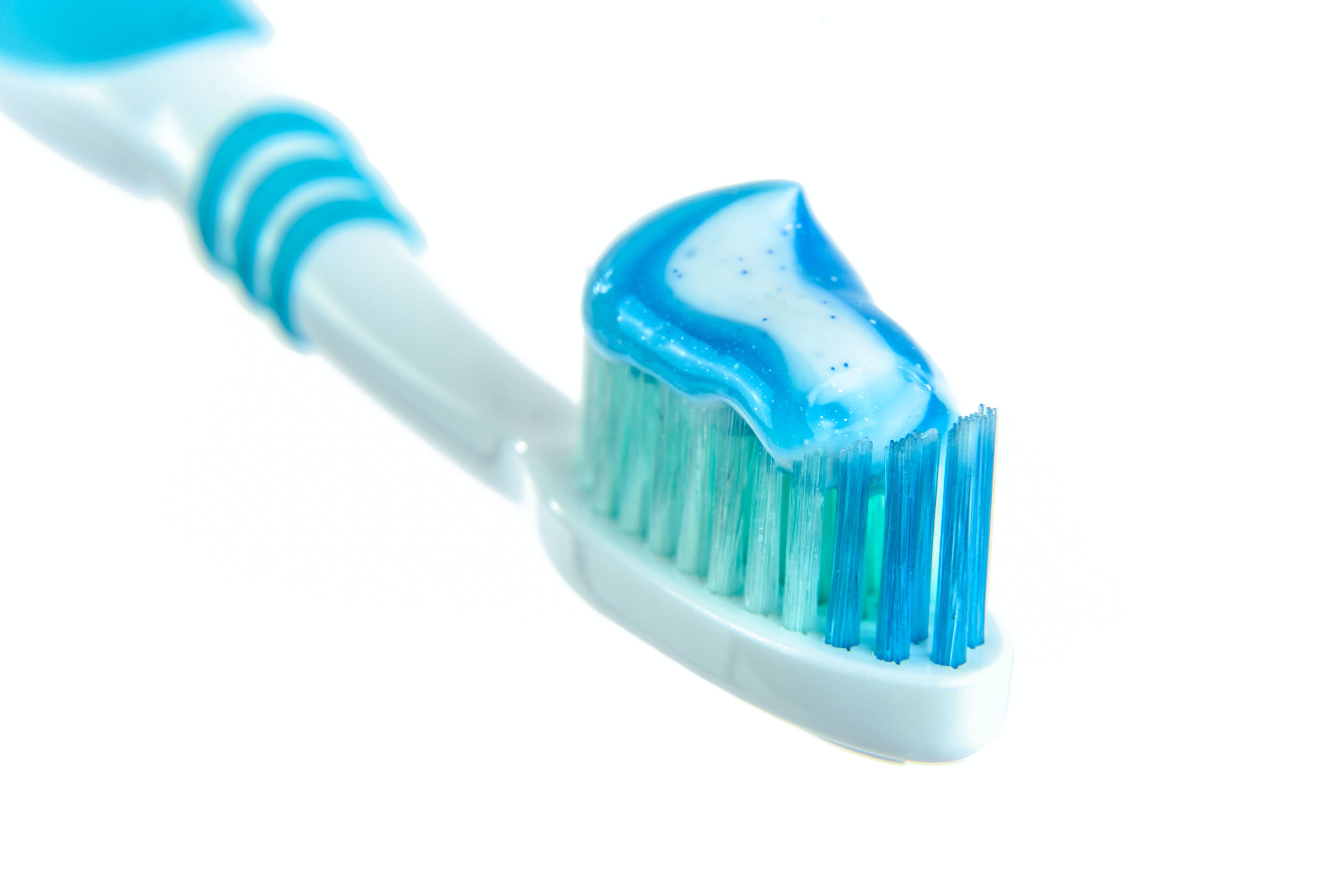 Blue and White Toothpaste on Toothbrush · Free
