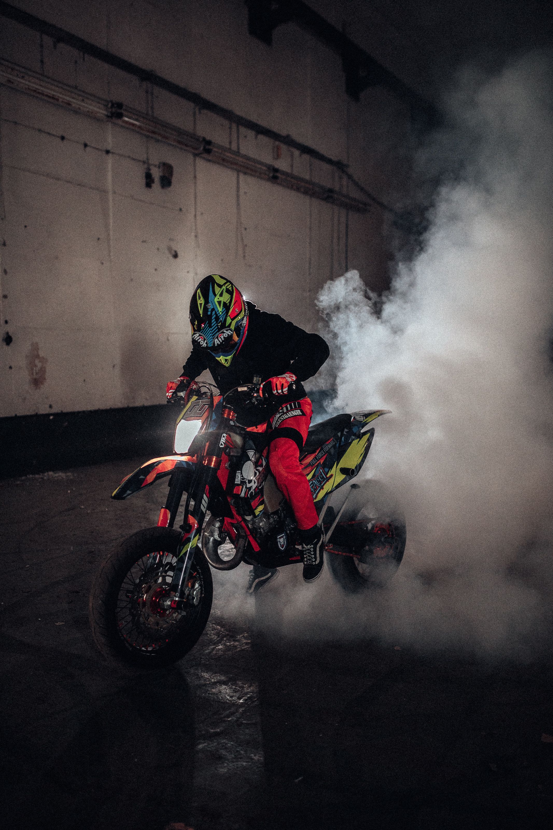 Burnout in the dark. Racing bikes, Enduro motocross, Supermoto