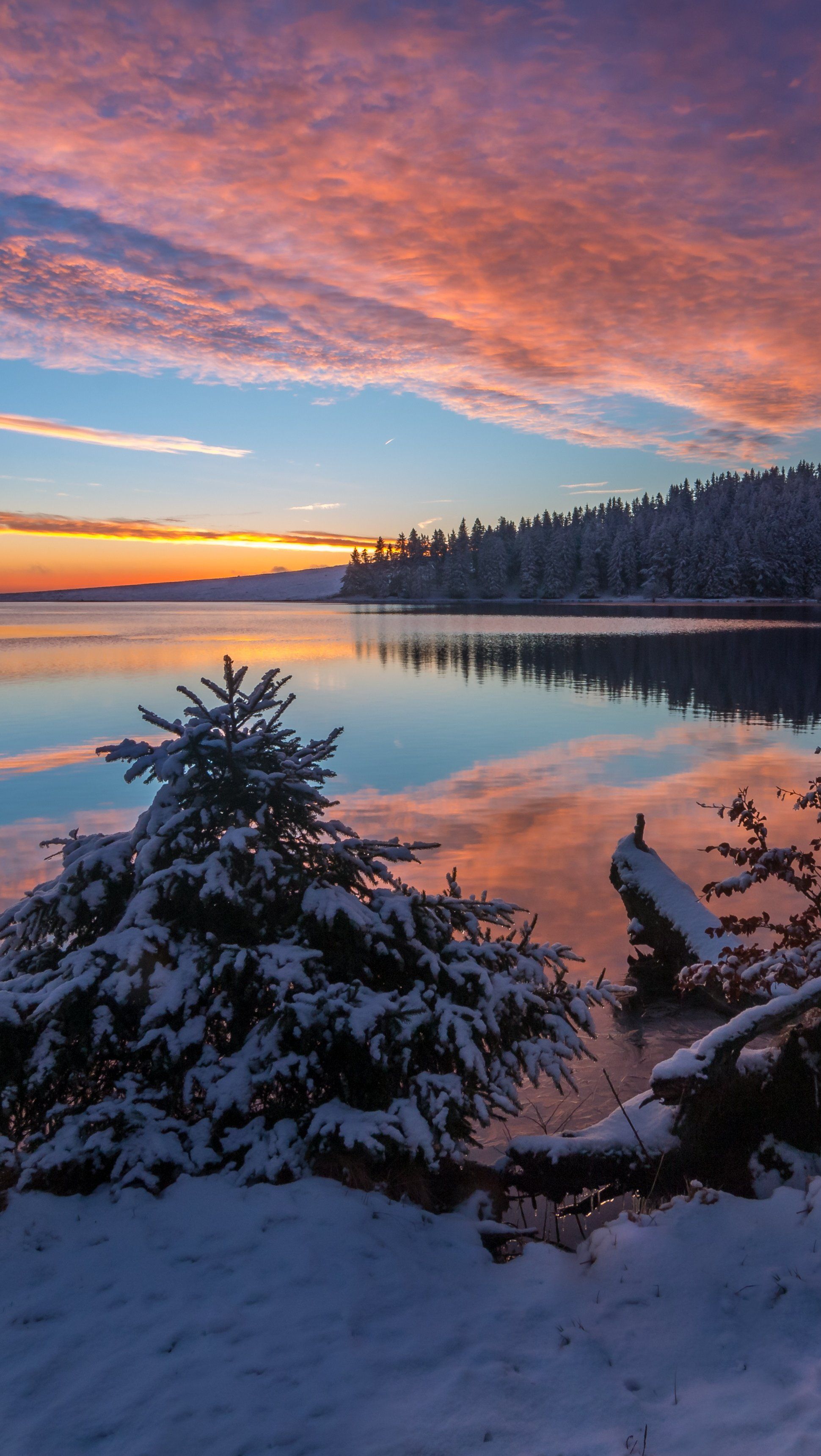 Lake in the snow at sunset Wallpaper
