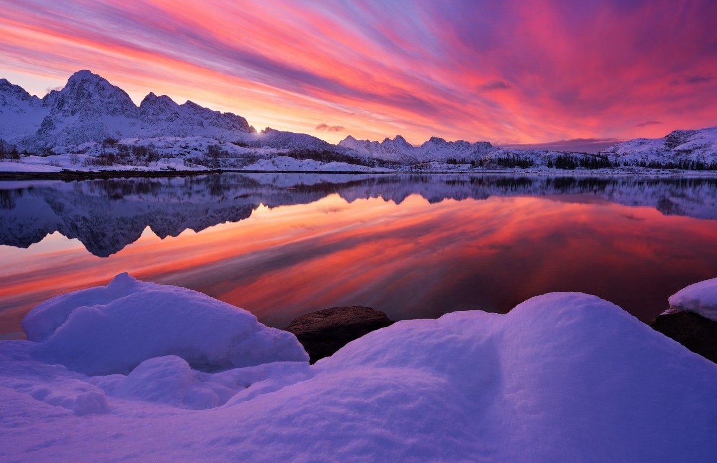 Download 1440x930 Lake, Arctic, Reflection, Snow, Sunset Wallpaper