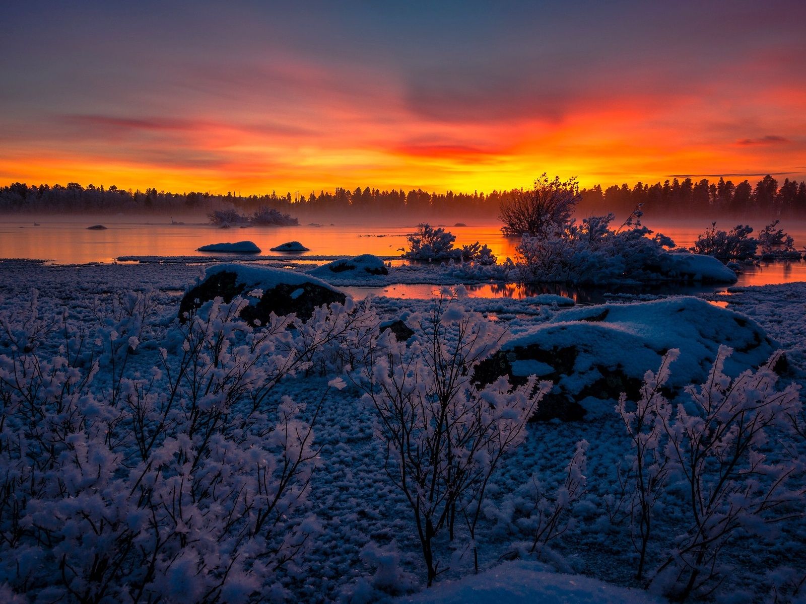 Lake Nature Snow Sunset 1600x1200 Resolution HD 4k Wallpaper, Image, Background, Photo and Picture