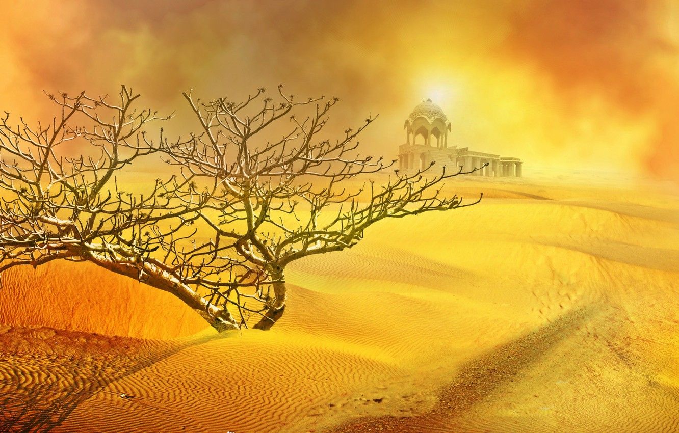 Wallpaper sand, the sun, desert, Bush, temple, sand storm image for desktop, section рендеринг